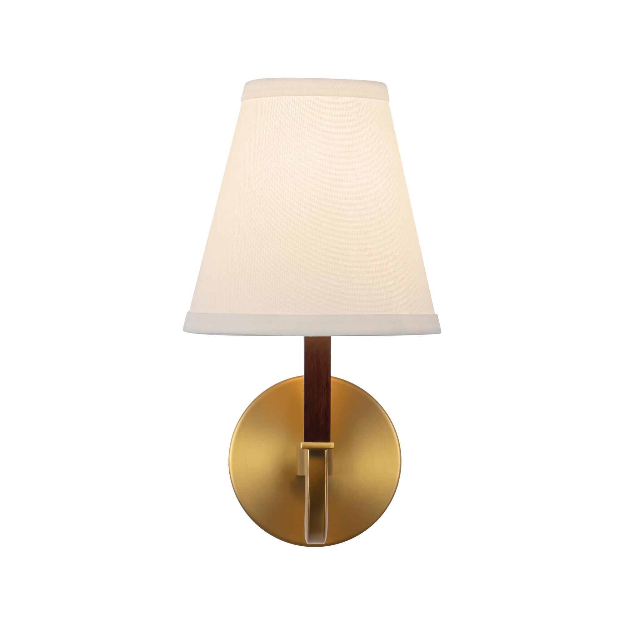 Shown in Brushed Gold finish and White Linen shade