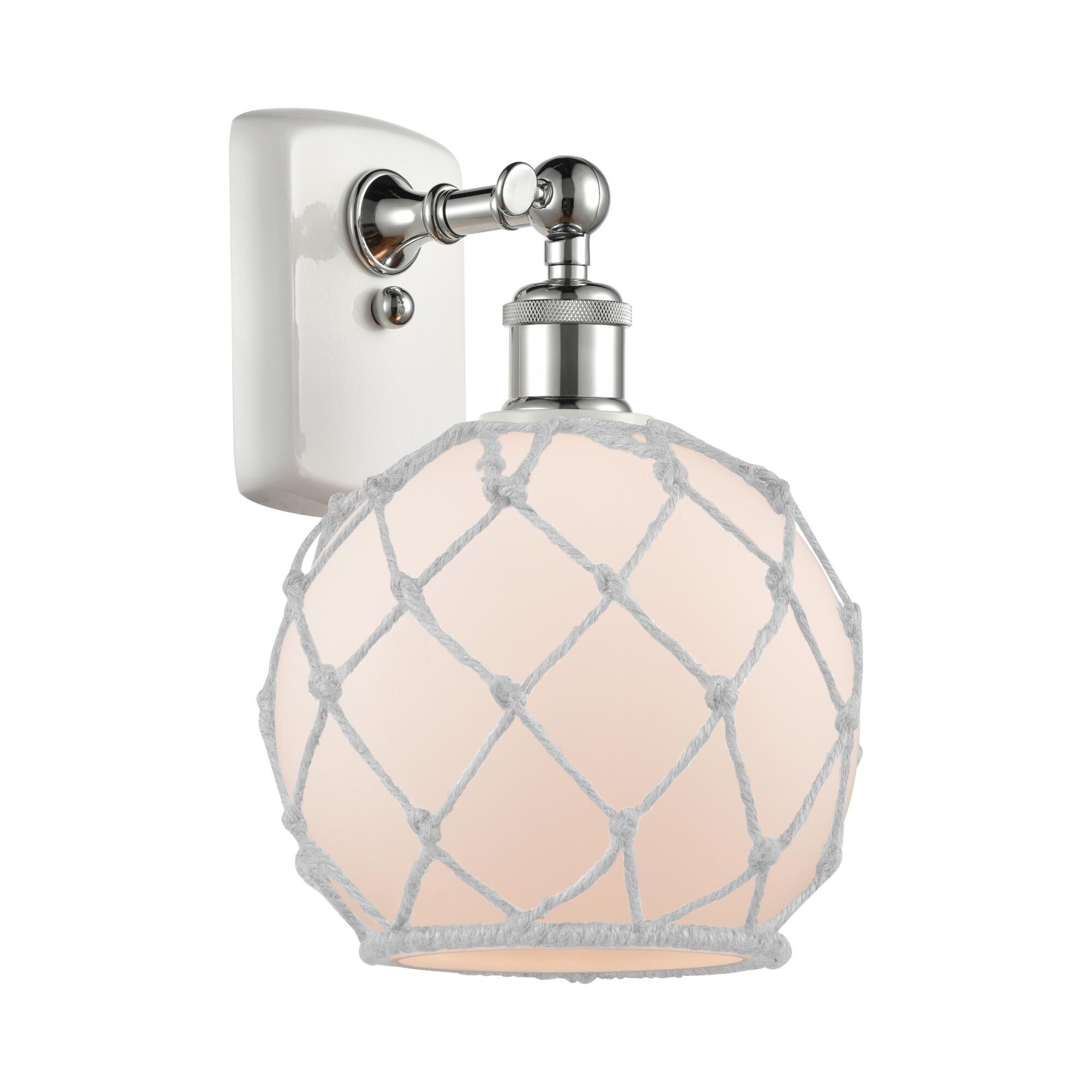 Shown in White And Polished Chrome finish and Cased Matte White glass and White Rope accent