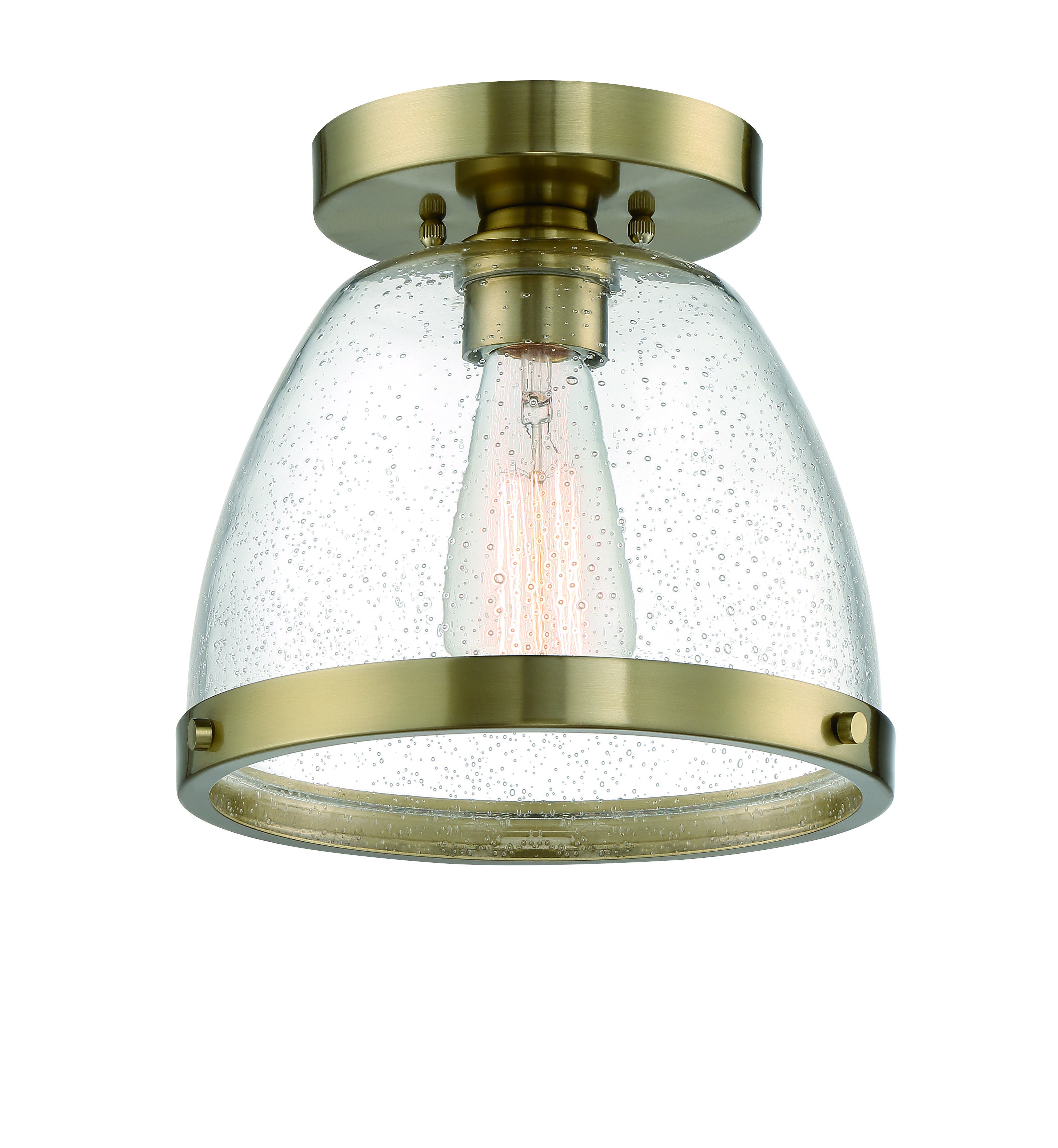 Shown in Satin Brass finish and Clear Seeded glass and Glass shade