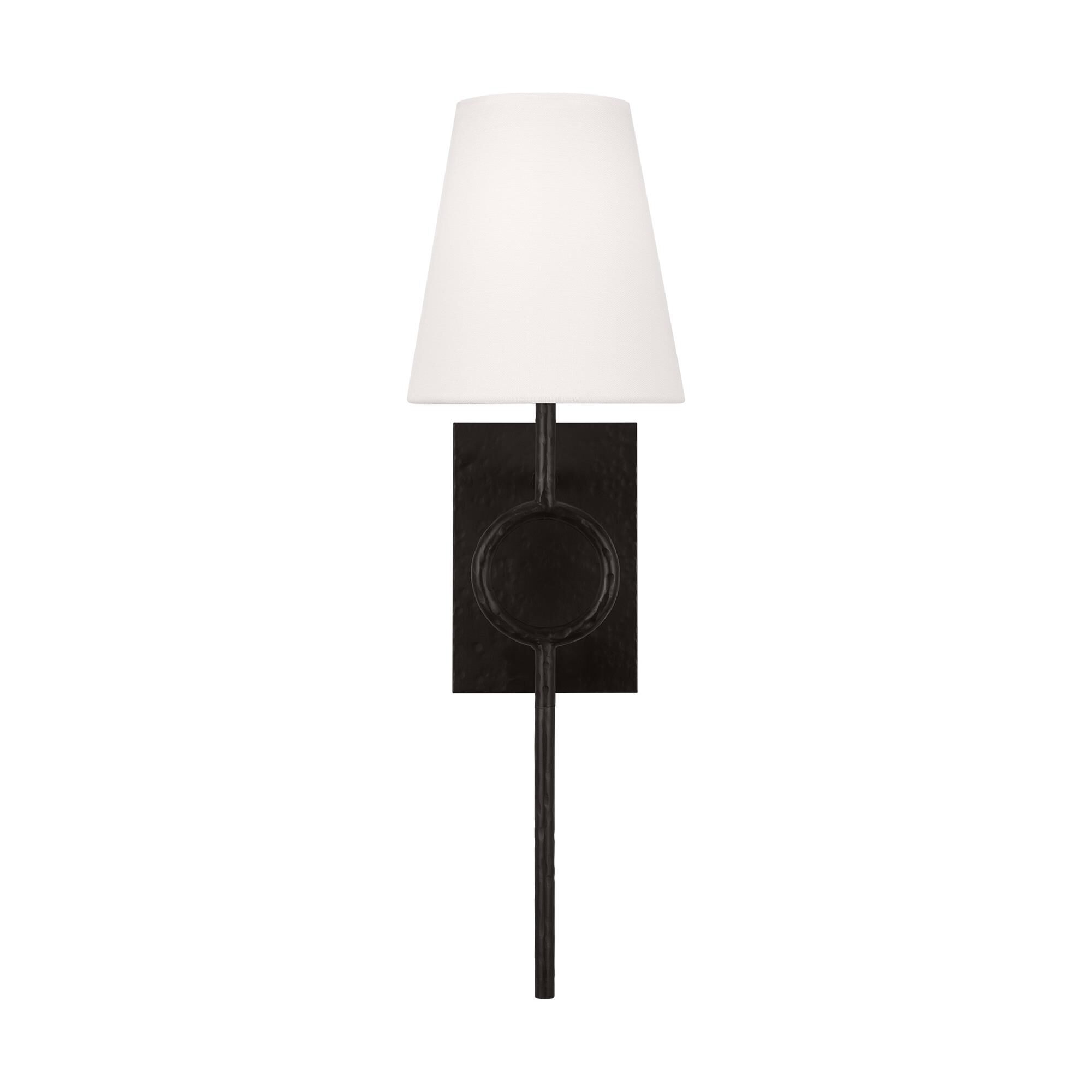 Shown in Aged Iron finish and White Linen Fabric shade