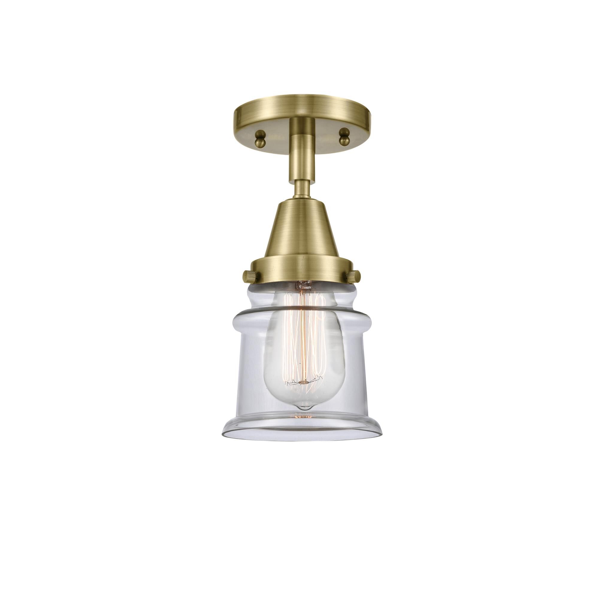 Shown in Antique Brass finish and Clear Canton glass and No Shade shade