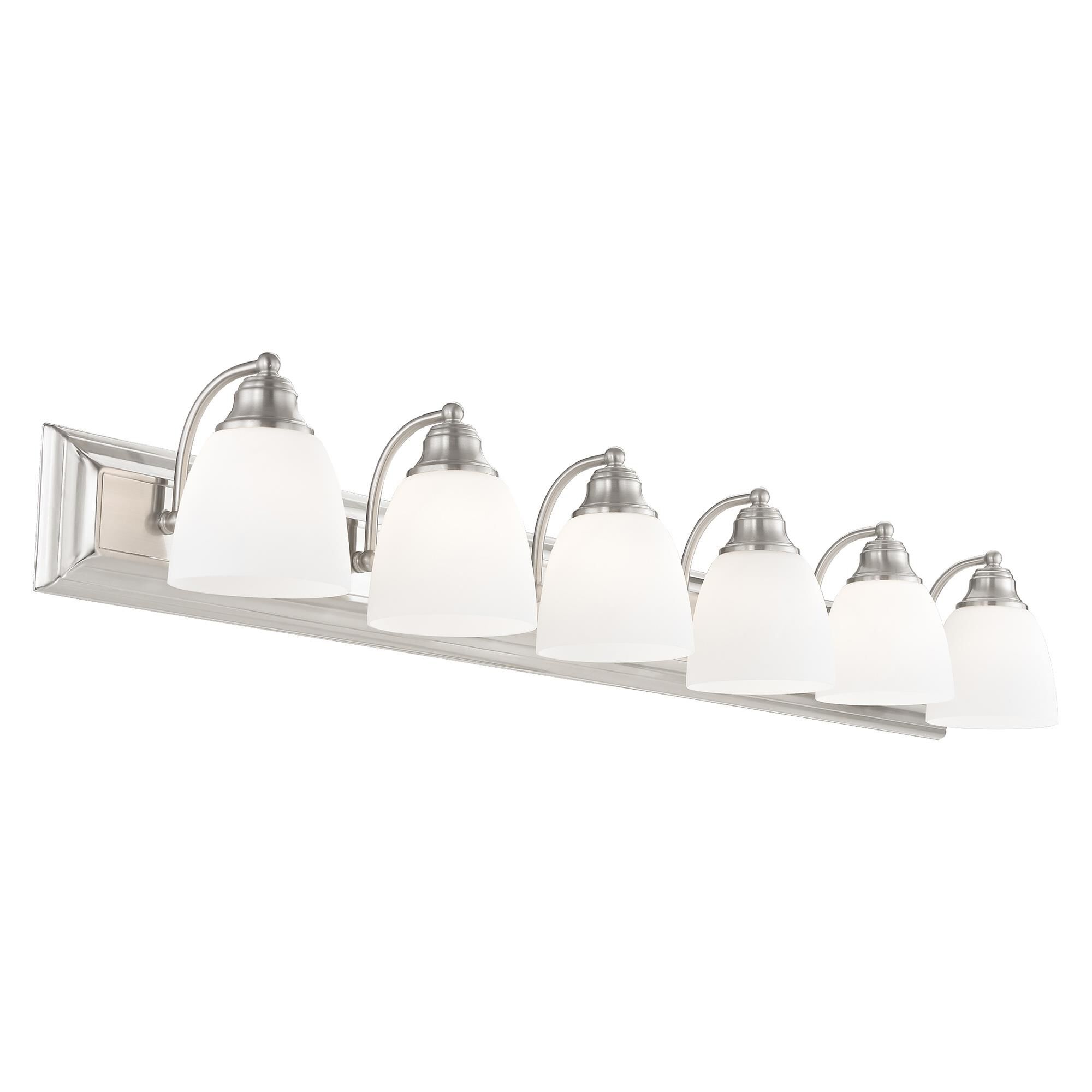 Shown in Brushed Nickel finish and Hand Blown Satin Opal White glass