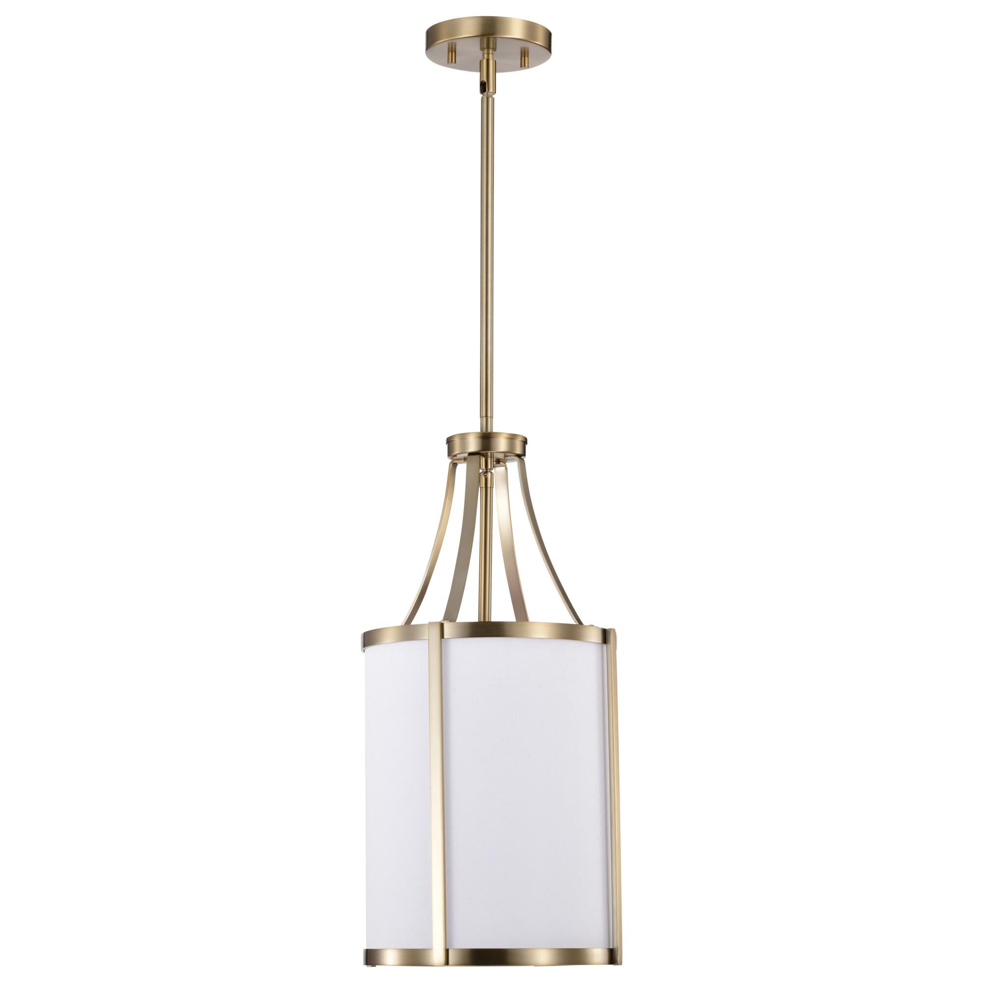 Shown in Burnished Brass finish and White Linen shade