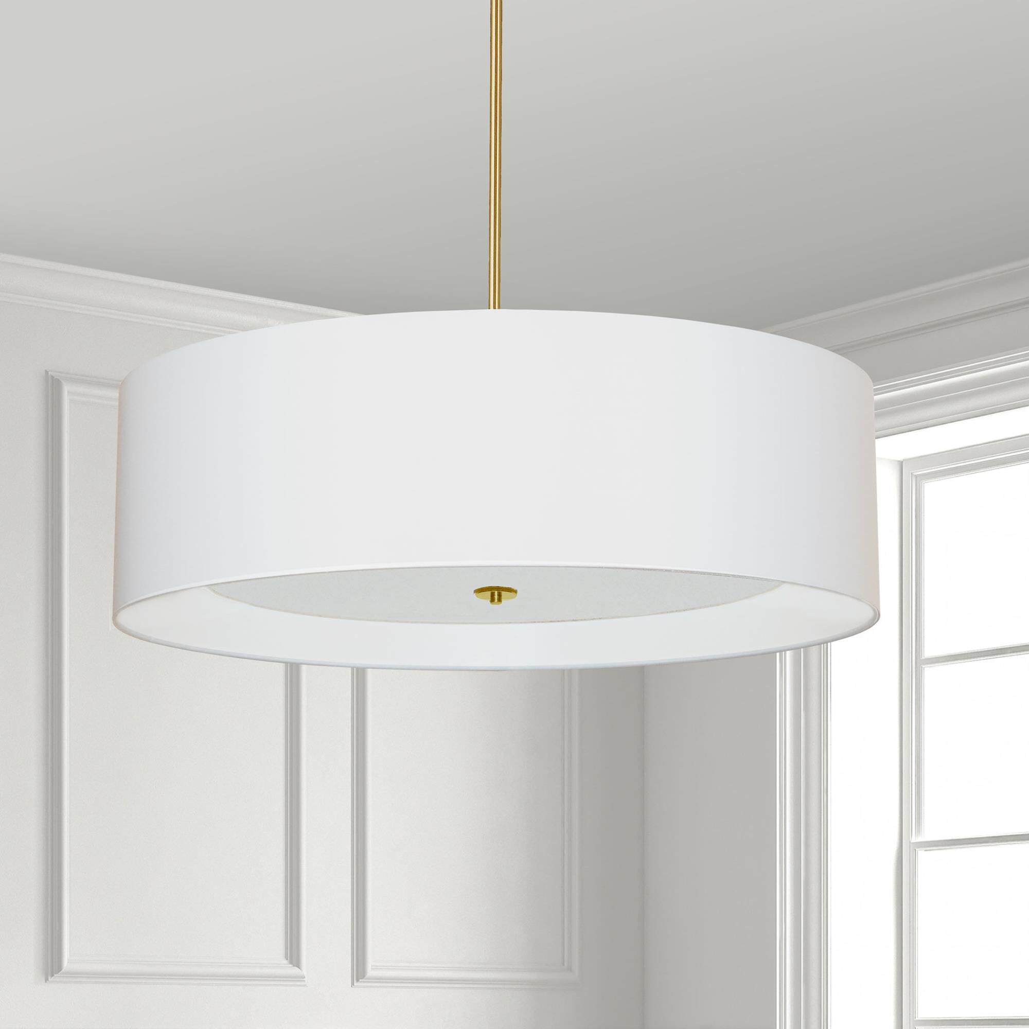 Shown in Aged Brass and White finish and White Fabric Drum shade