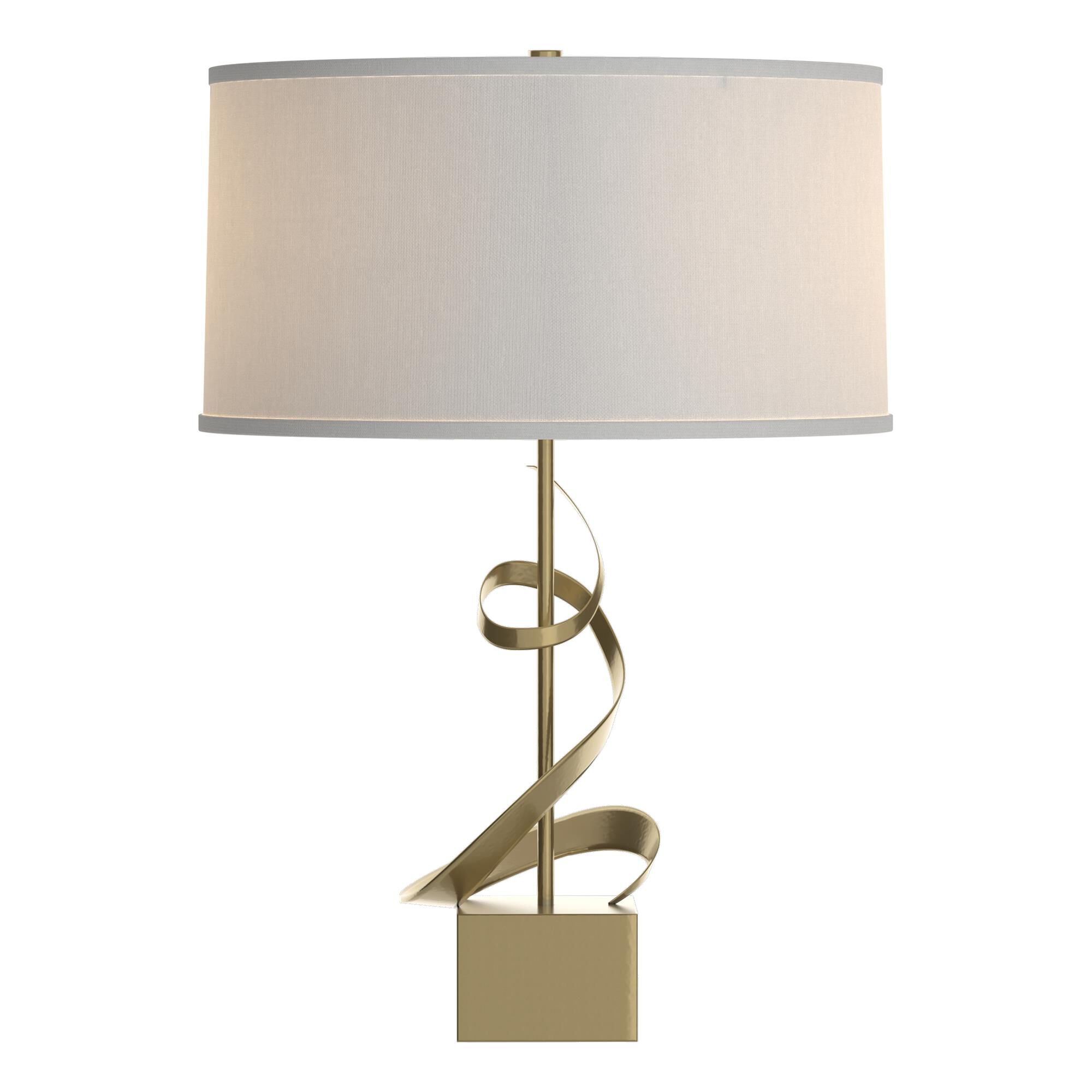 Shown in Modern Brass finish and Natural Anna shade