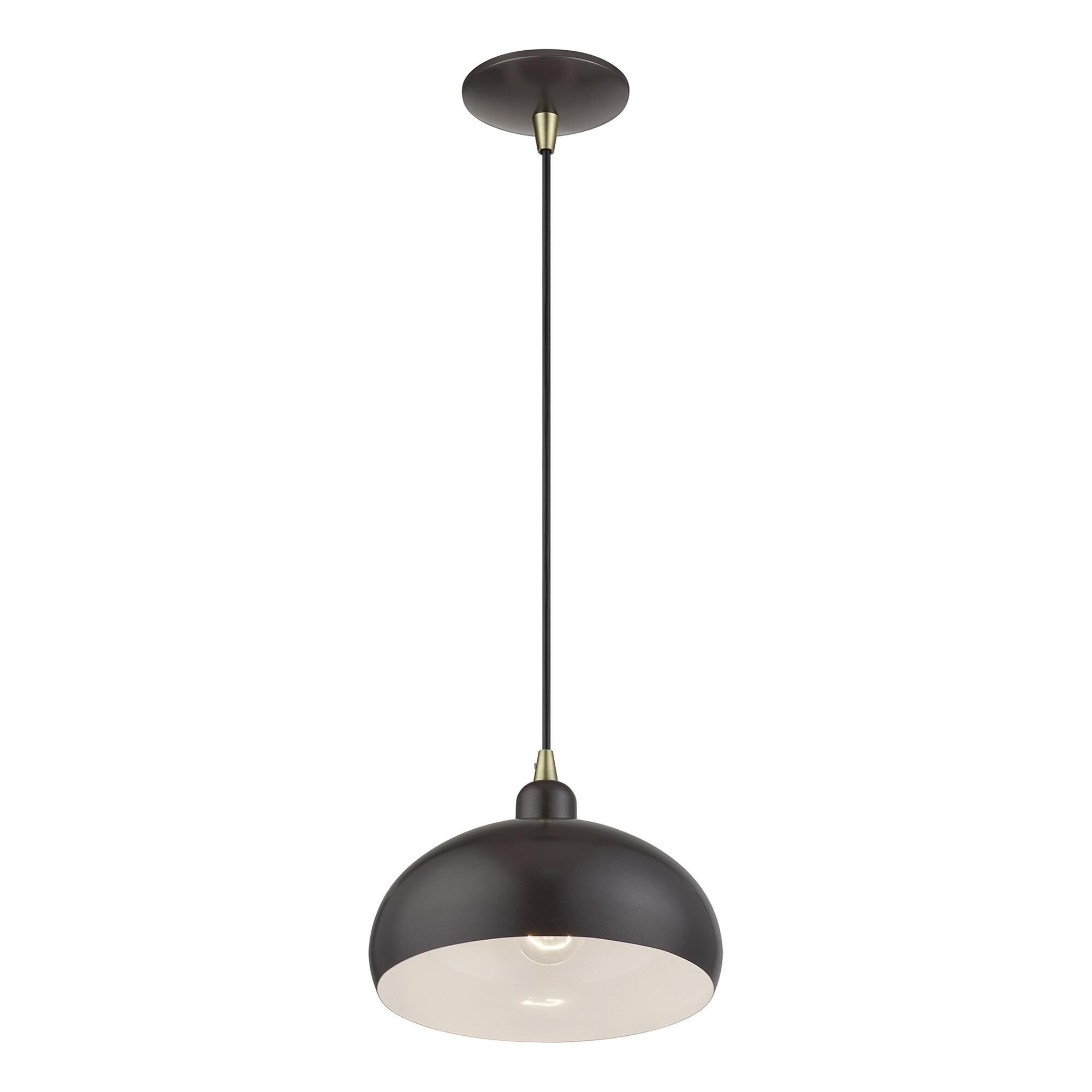 Shown in English Bronze with Antique Brass Accents finish and English Bronze Steel with Shiny White Inside shade