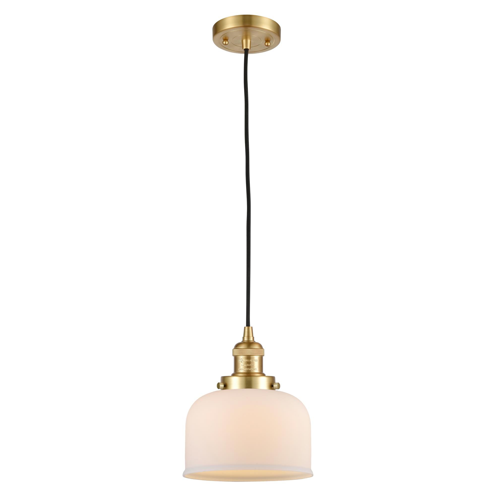 Shown in Satin Gold finish and Matte White Cased Large Bell glass