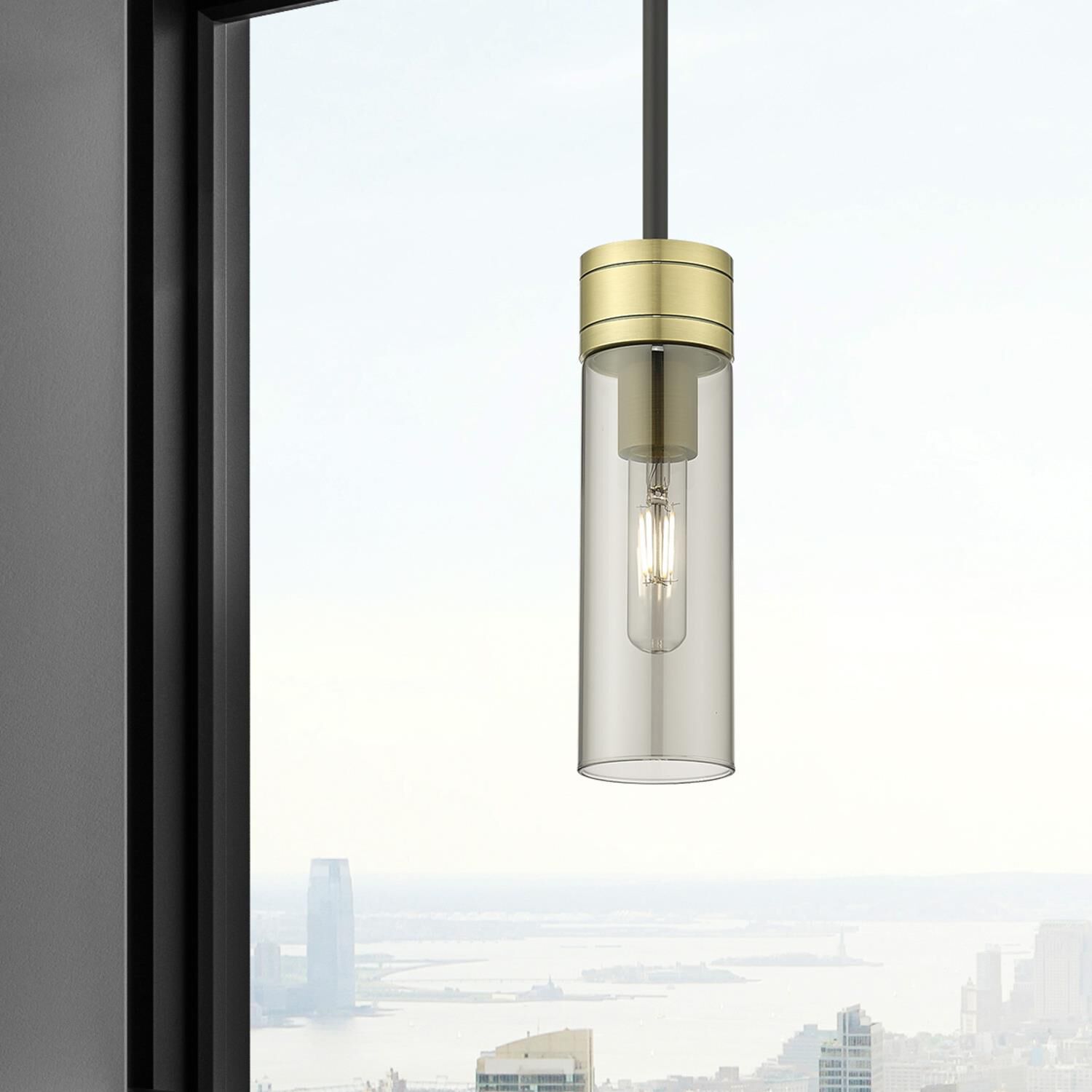 Shown in Black Antique Brass finish and Light Smoke glass