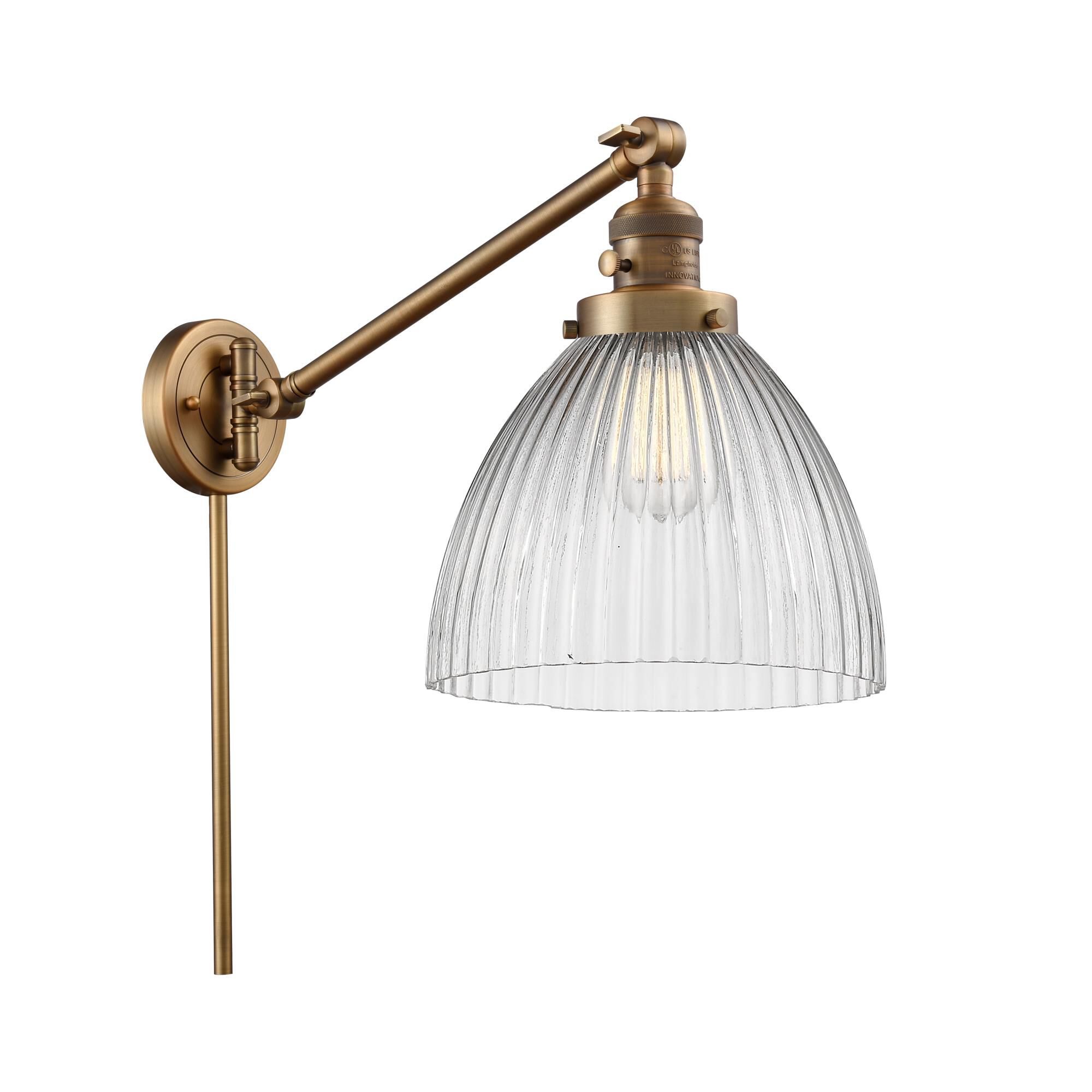 Shown in Brushed Brass finish and Clear Halophane glass