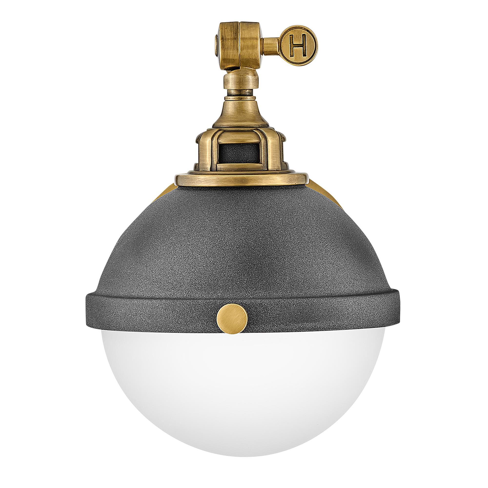 Shown in Aged Zinc finish and Etched Opal glass and Heritage Brass accent