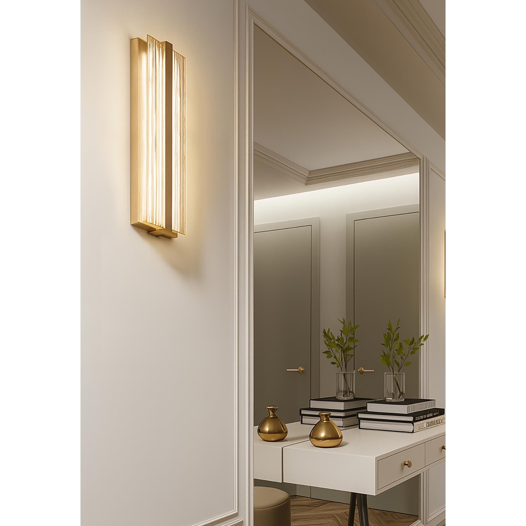 Shown in Light Antique Brass finish and Frosted Clear Acrylic glass
