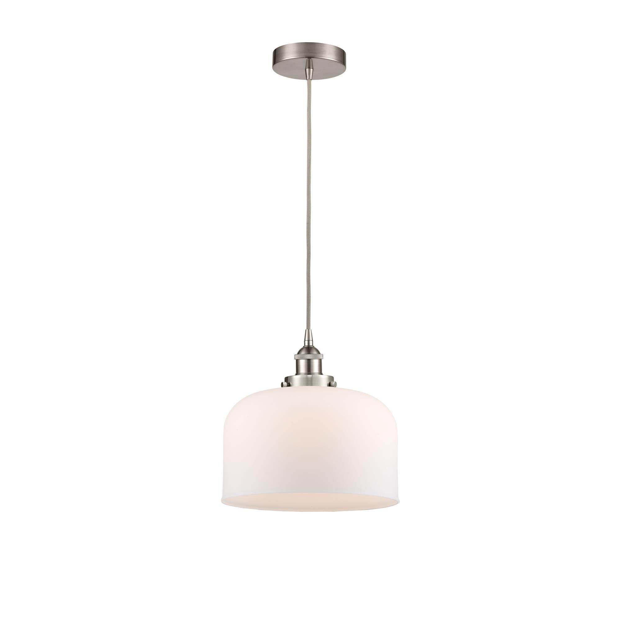Shown in Brushed Satin Nickel finish and Matte White Cased X-Large Bell glass