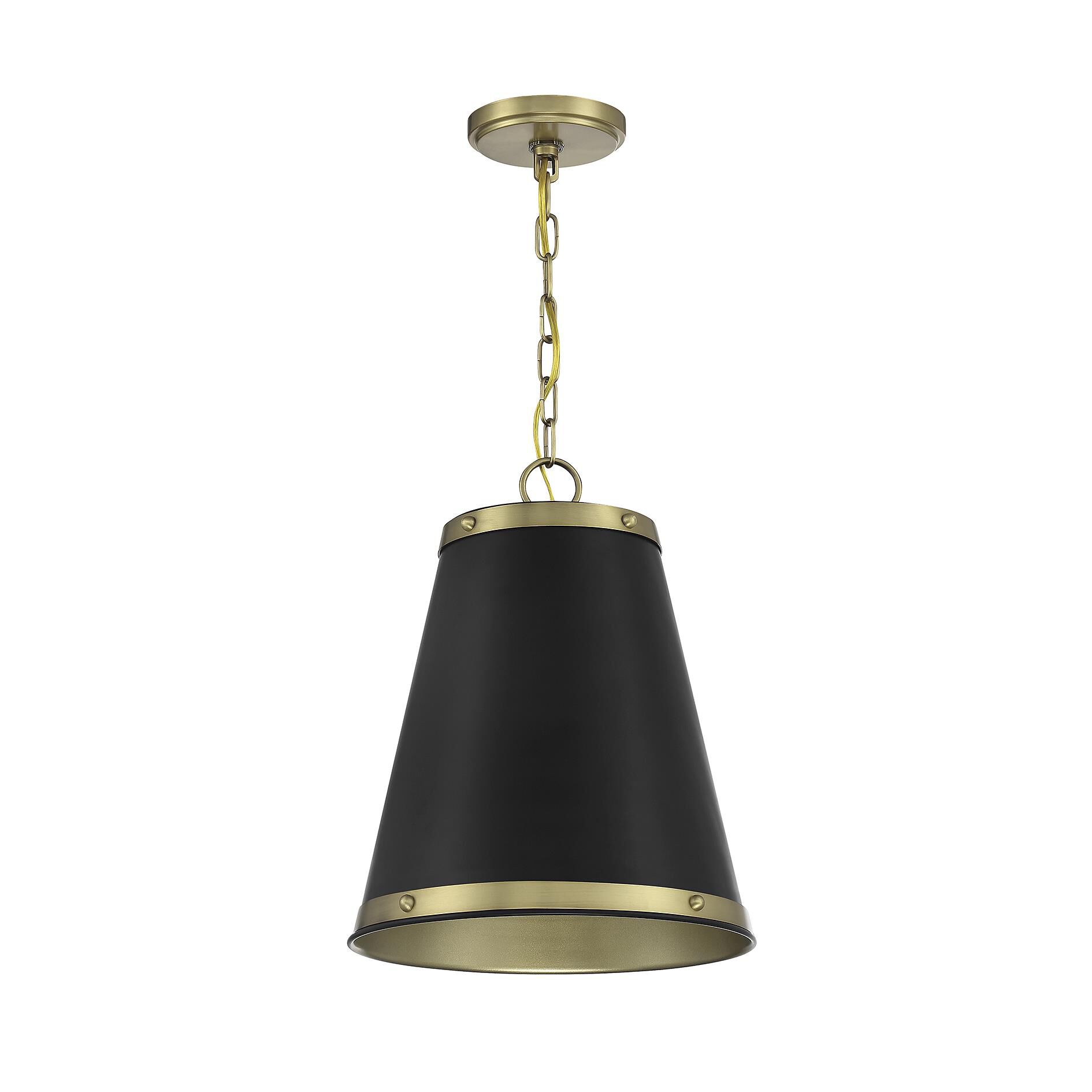 Shown in Matte Black with Natural Brass finish and Matte Black Metal shade