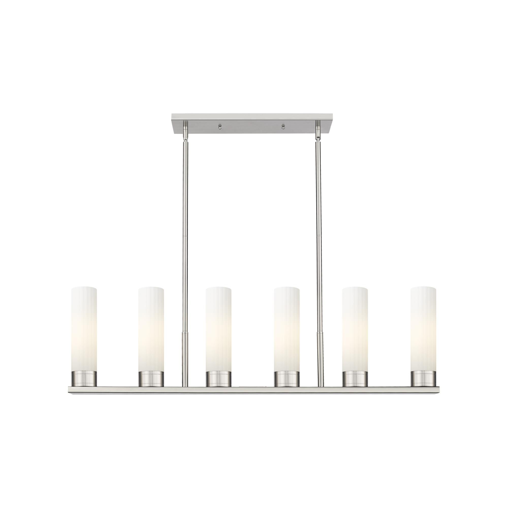 Shown in Satin Nickel finish and Matte White glass and Matte White Glass shade