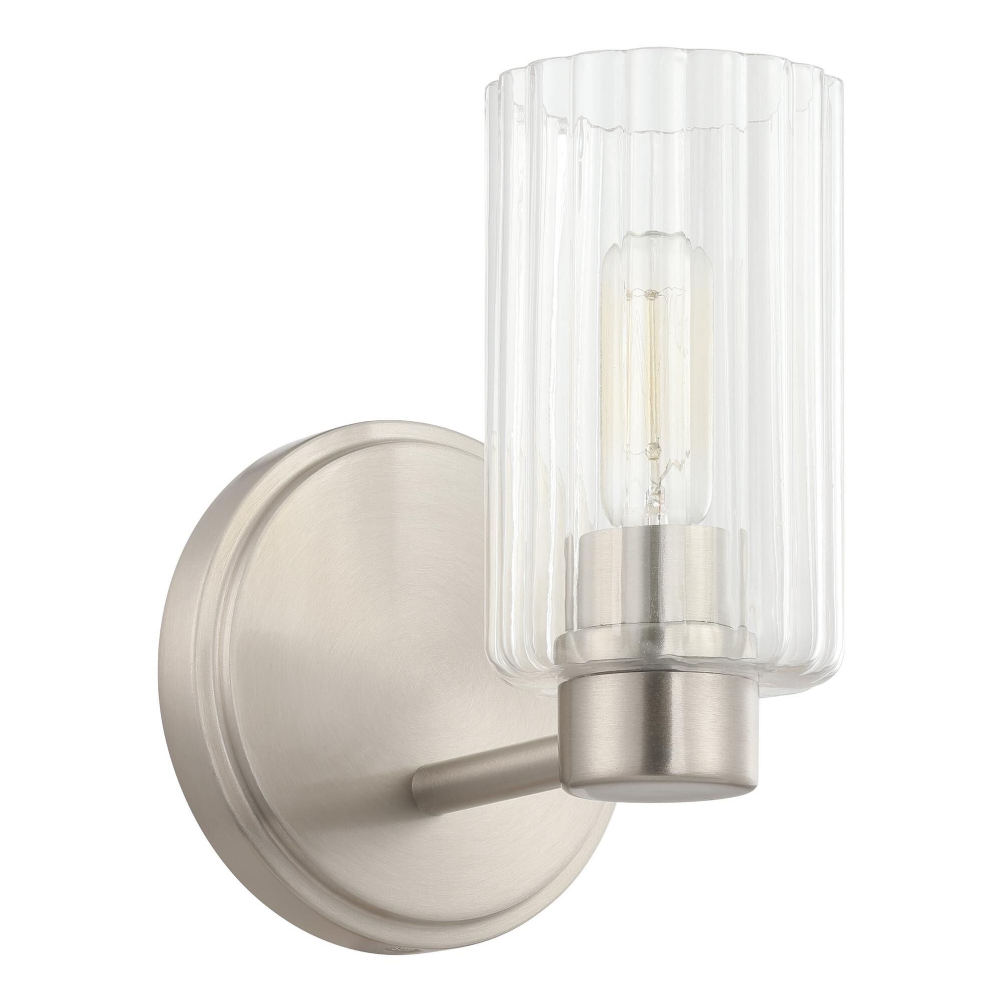 Shown in Brushed Nickel finish and Clear Ribbed glass