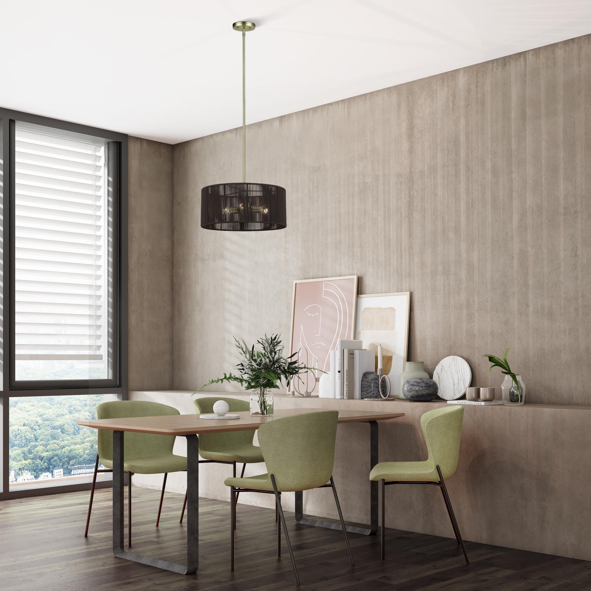 Shown in Antique Brass finish and Hand-Woven Dark Chocolate Color Polyester Rope shade