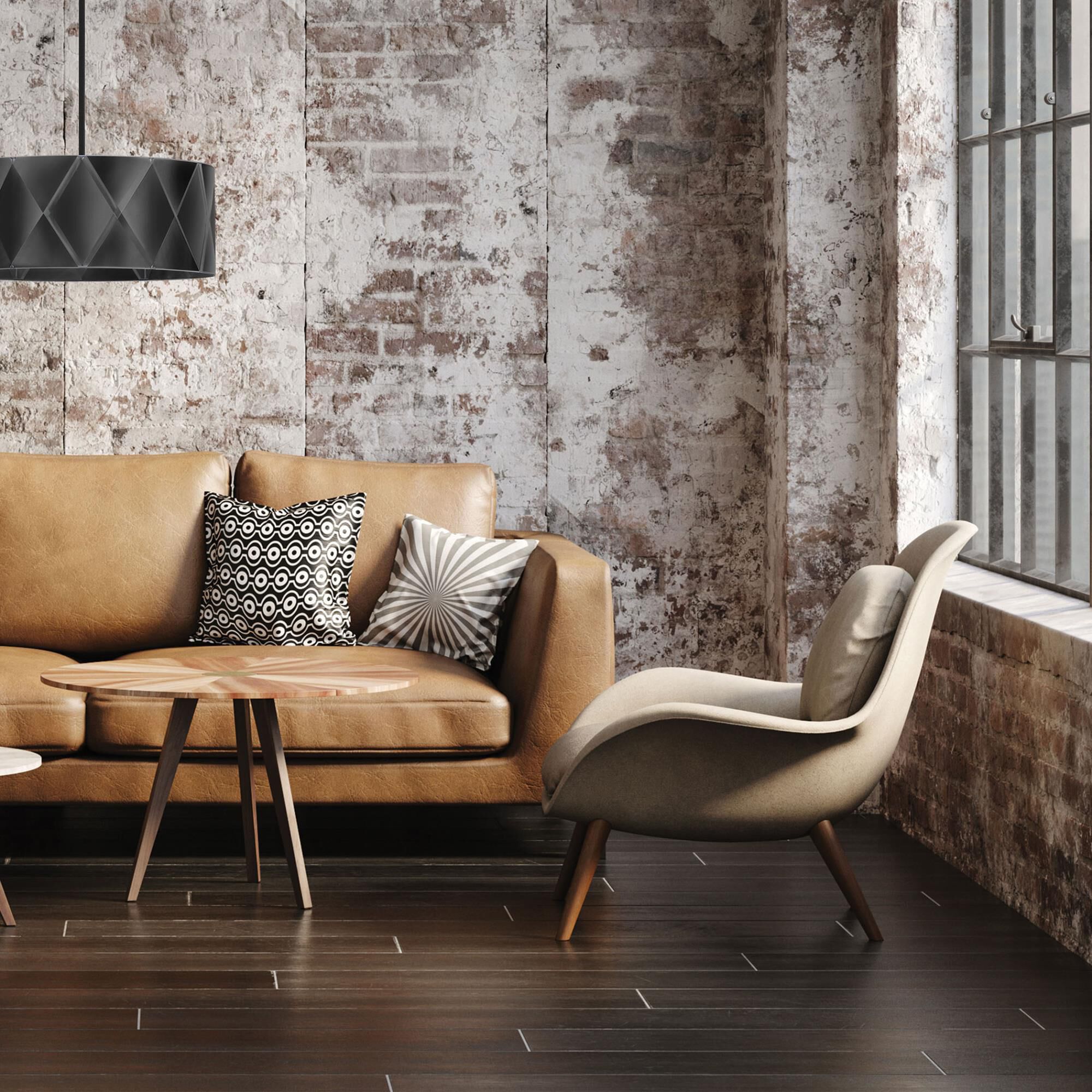 Shown in Matte Black and Black finish and Black Ribbon Drum shade