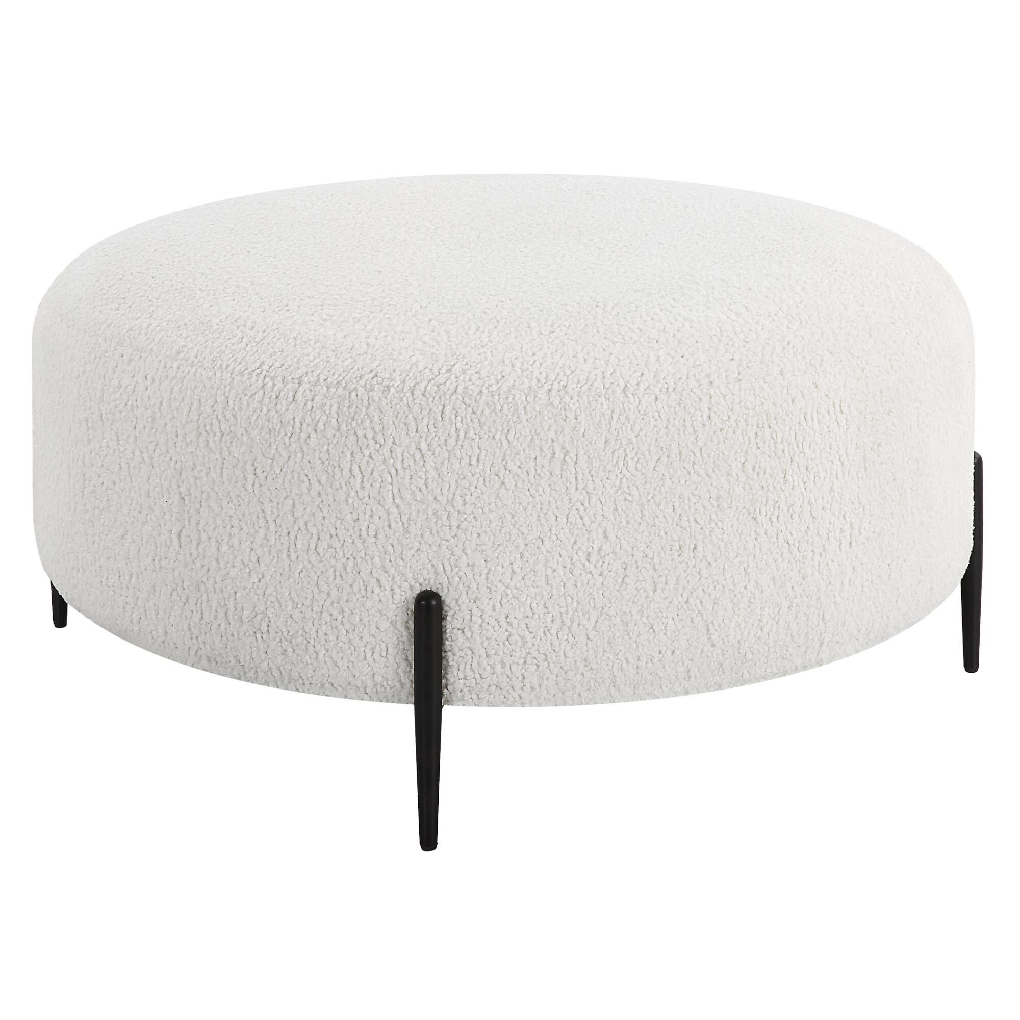 Shown in This Plush Ottoman Is Covered In A Luxurious White Faux Shearling, Suspended Within Satin Black Fini finish