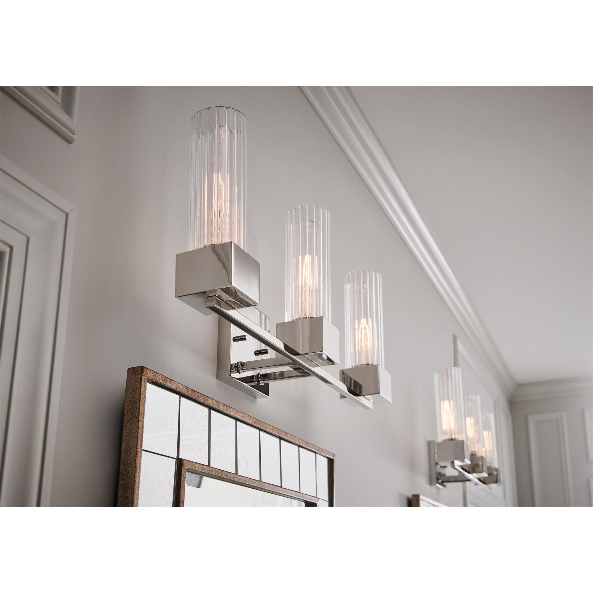 Shown in Polished Nickel finish and Ribbed Clear glass