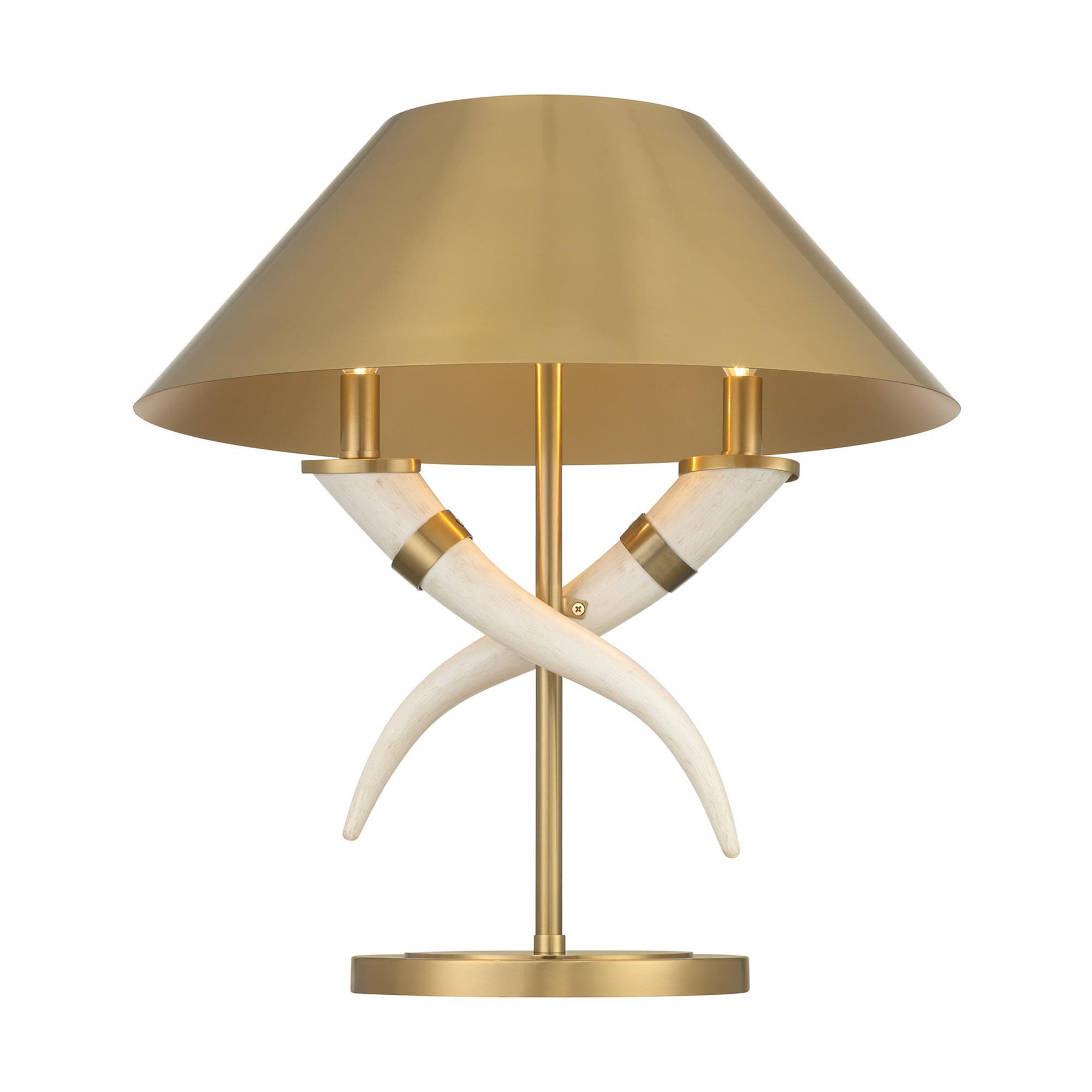 Shown in Warm Brass finish and Brass Metal shade