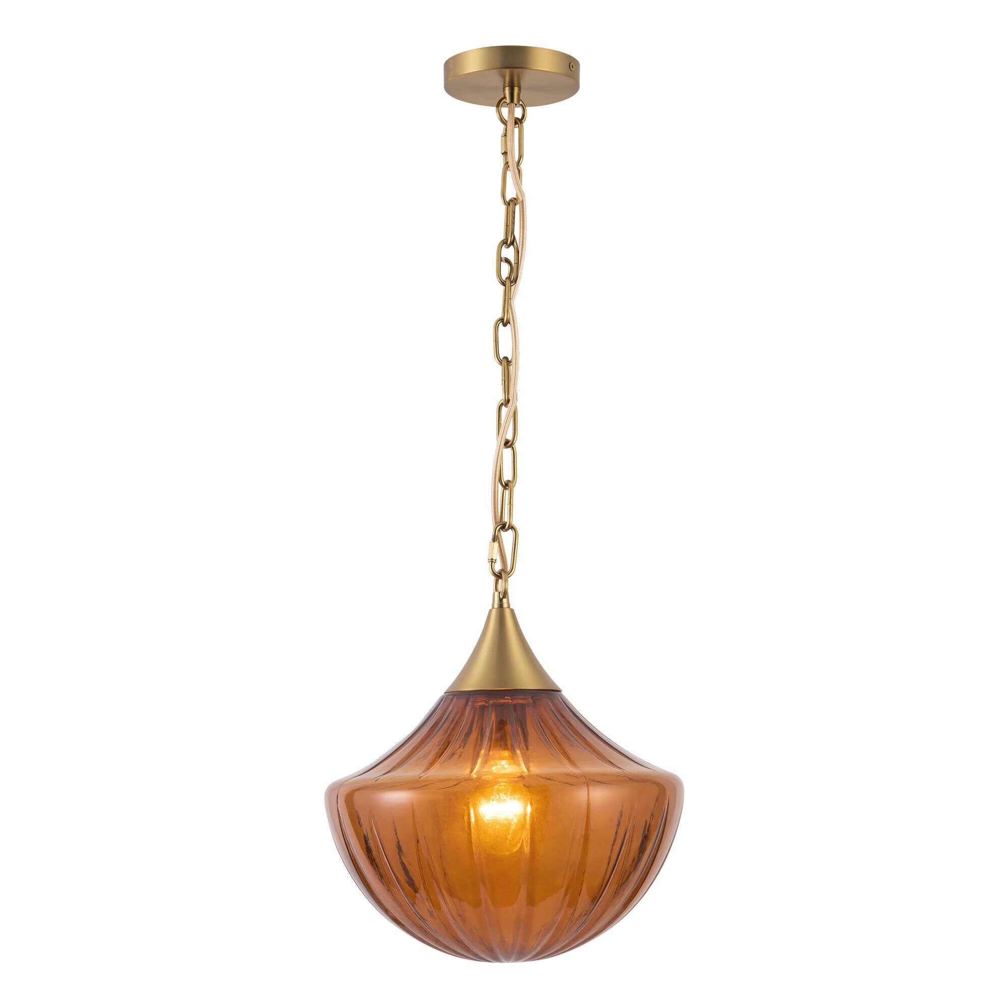 Shown in Brushed Gold finish and Amber Ribbed glass