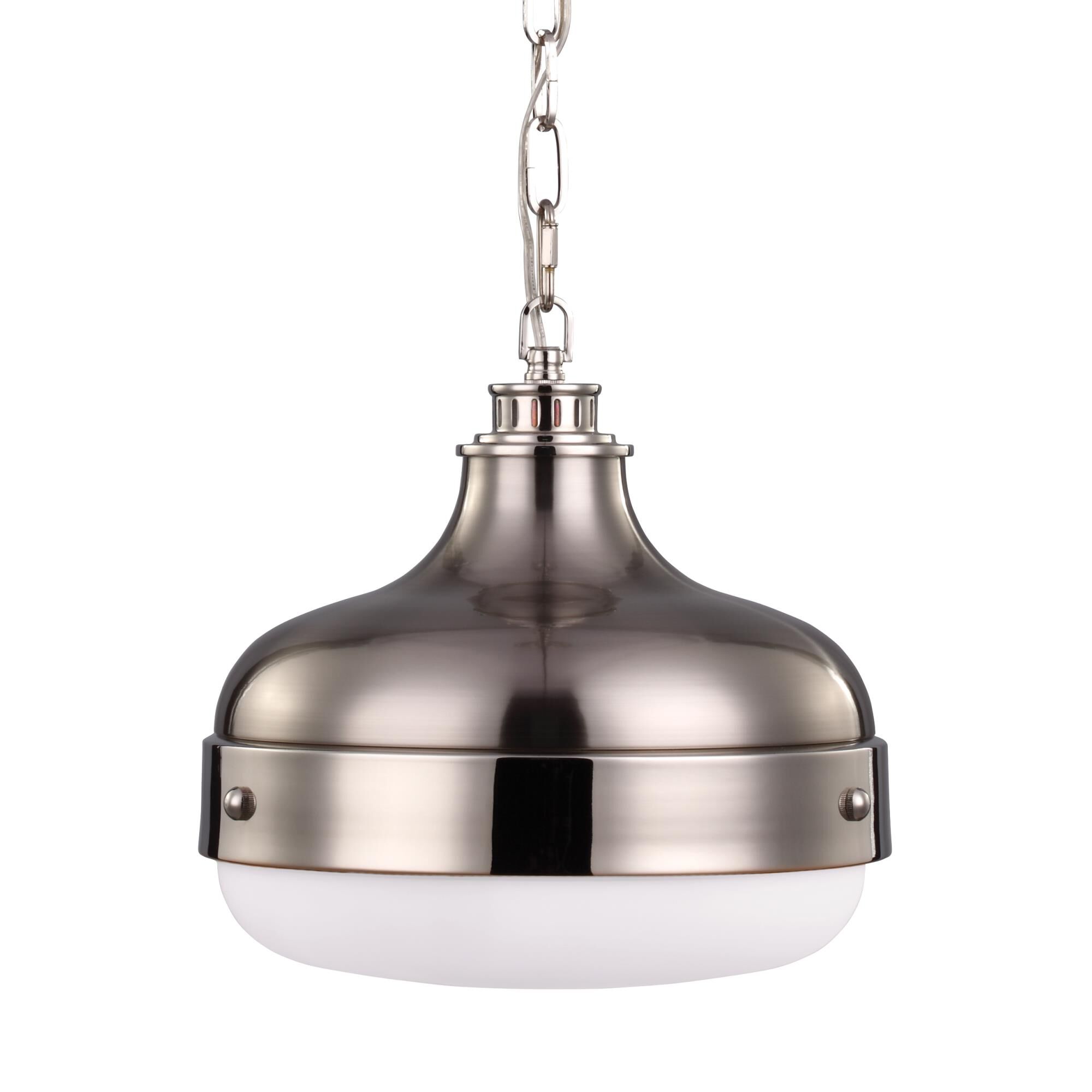 Shown in Polished Nickel / Brushed Steel finish and White Opal Etched glass