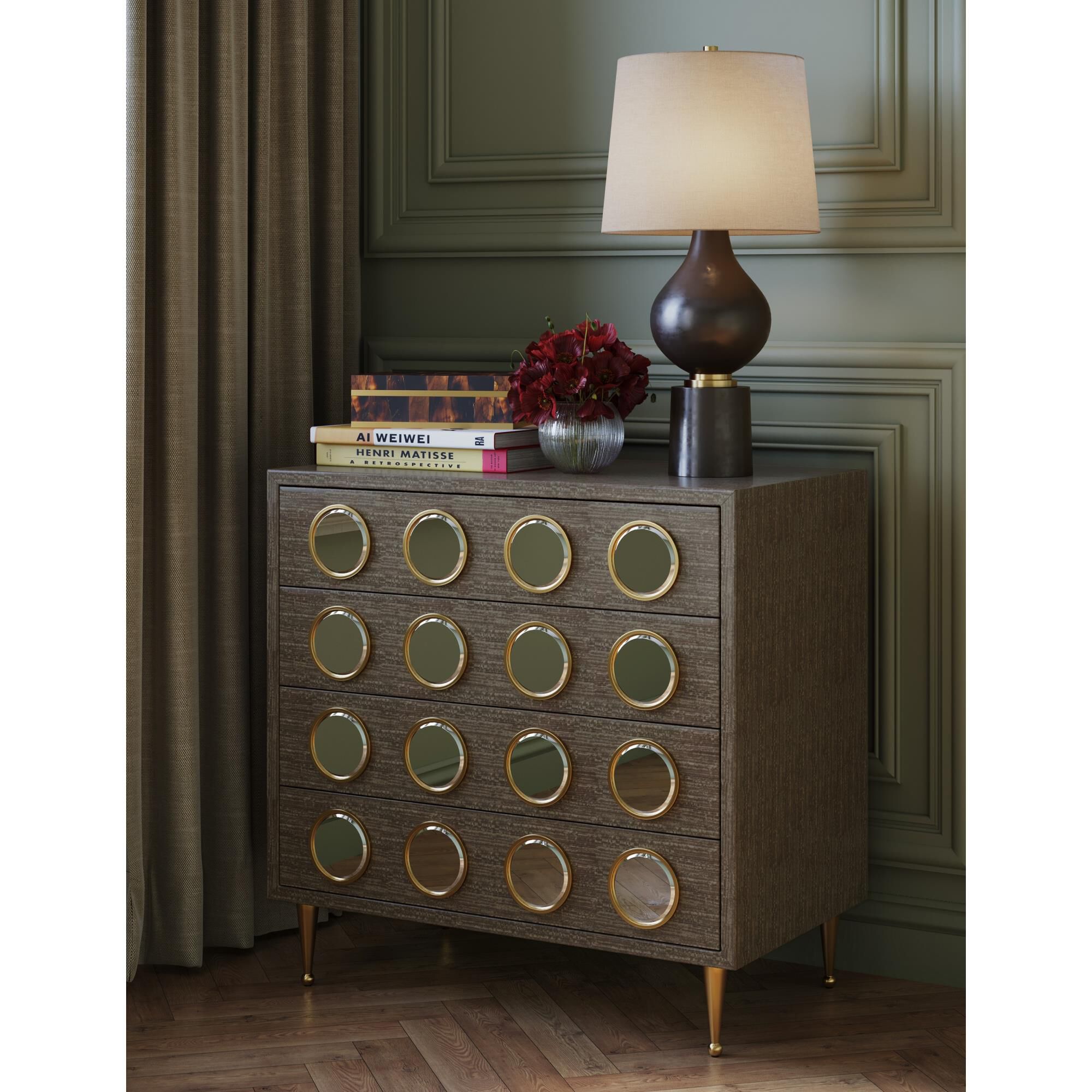 Shown in Black Nickel, Vintage Brass finish and Off-White Linen shade