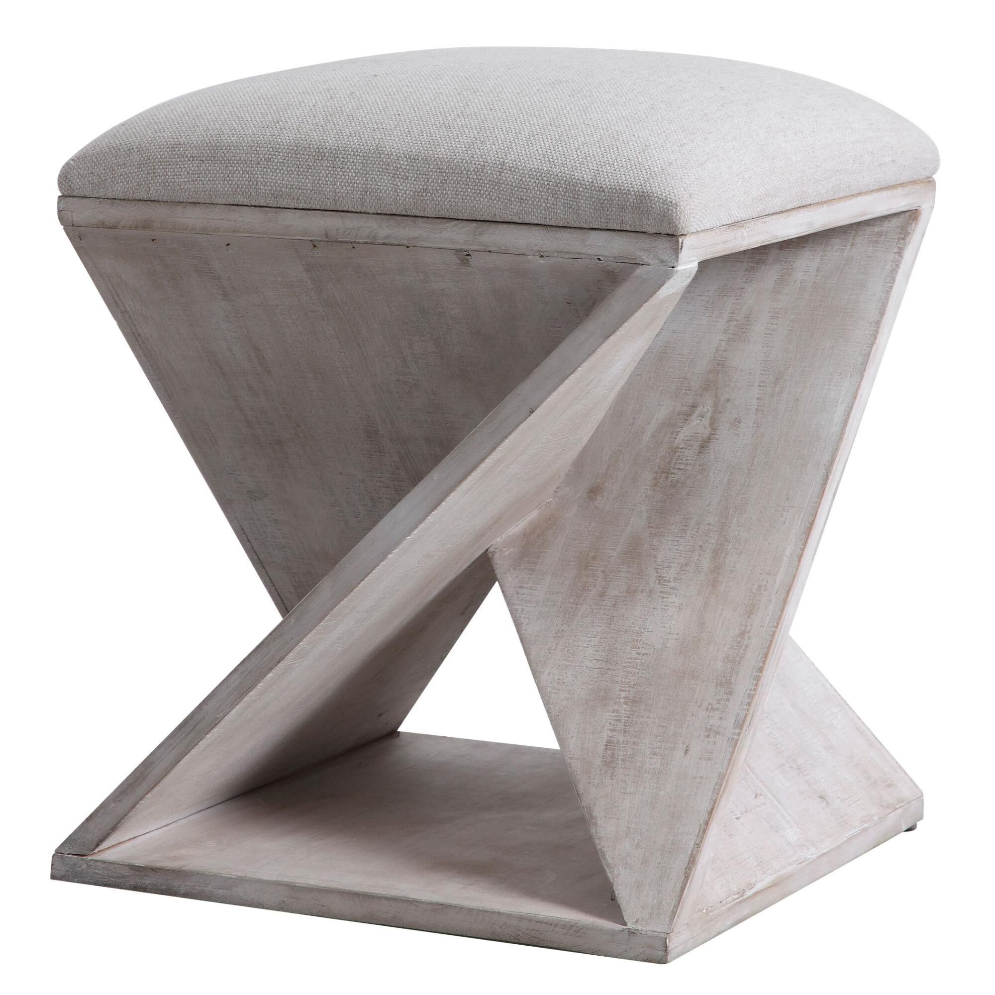 Shown in This Coastal Style Ottoman Features A Unique Asymmetrical Base In White Washed, Weathered Fir Wood W finish
