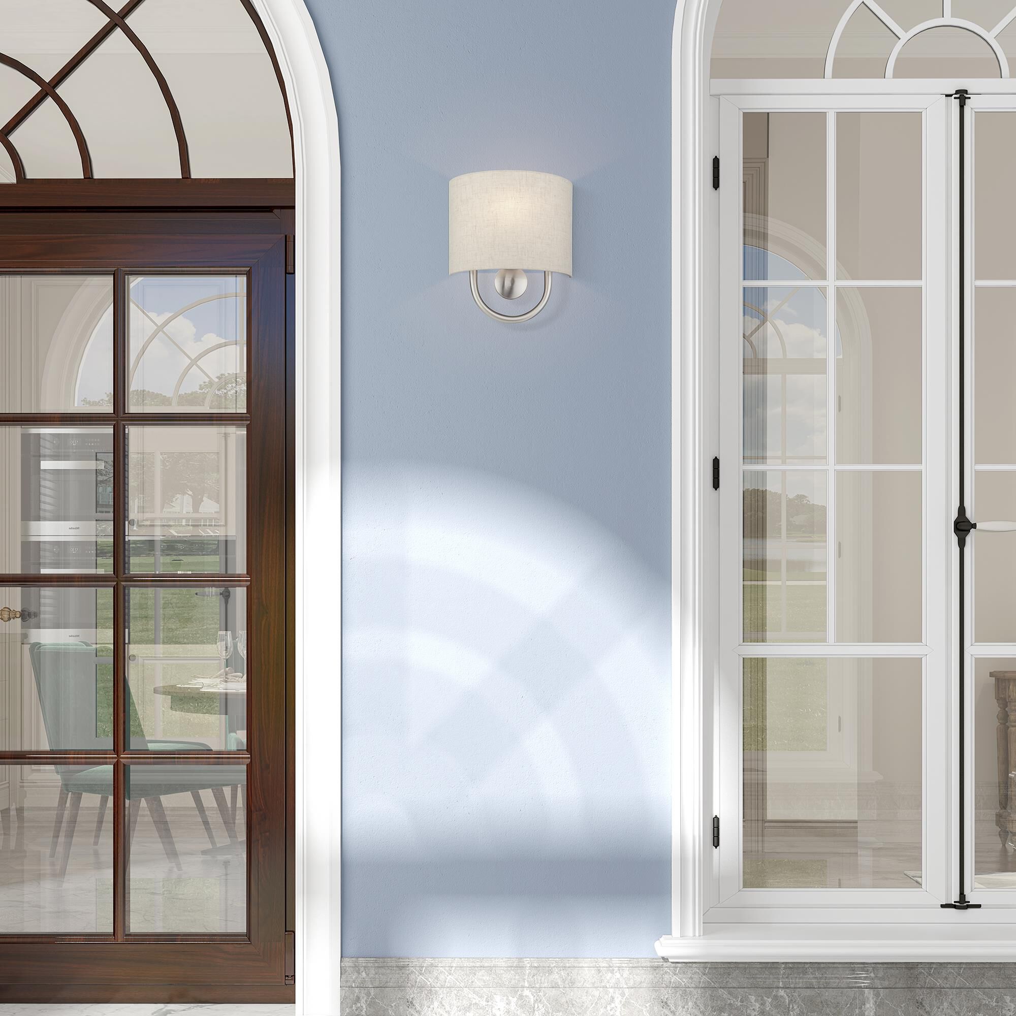 Shown in Brushed Nickel finish and Hand Crafted Oatmeal Color Fabric Hardback with White Fabric Inside shade