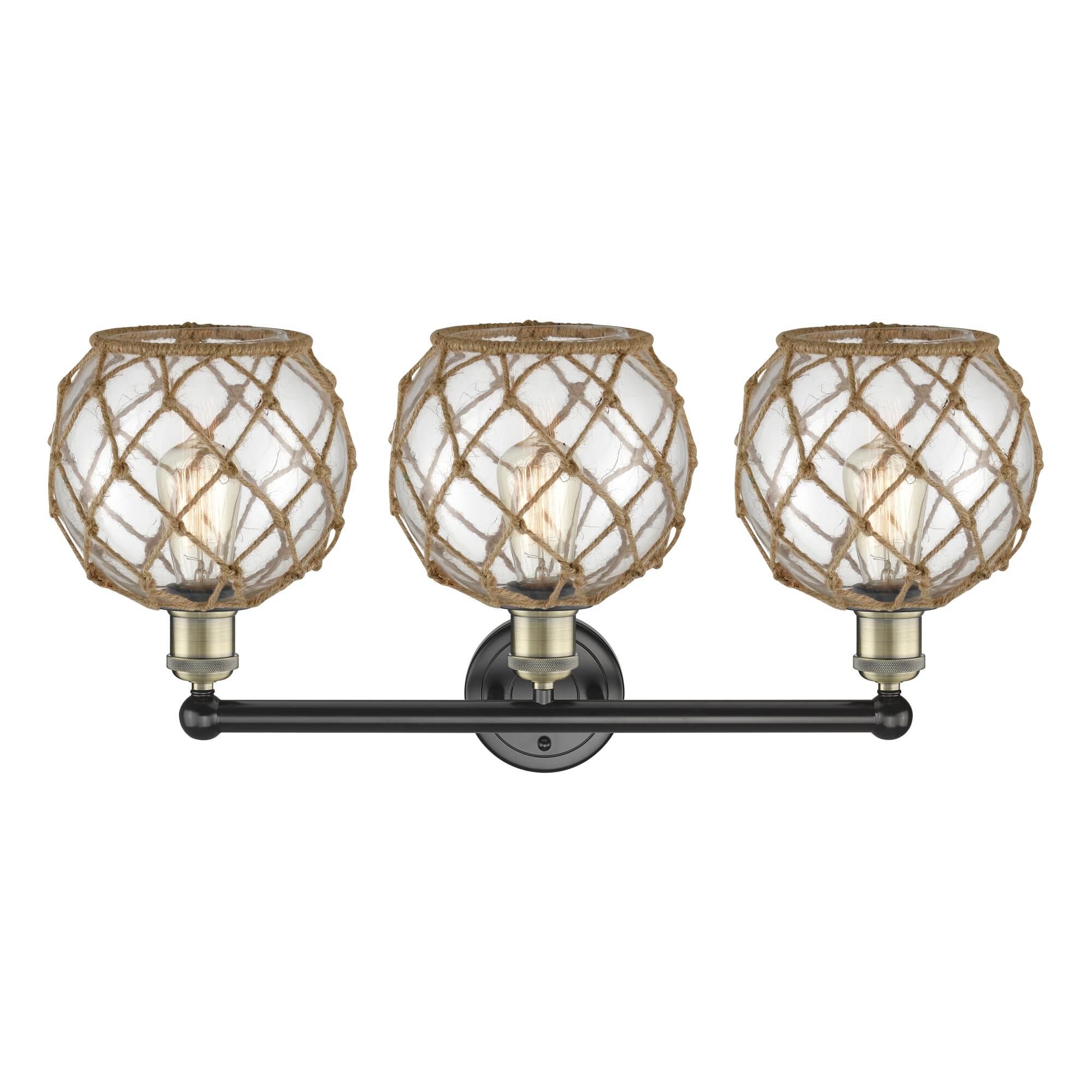 Shown in Black Antique Brass finish and Clear with Brown Rope glass
