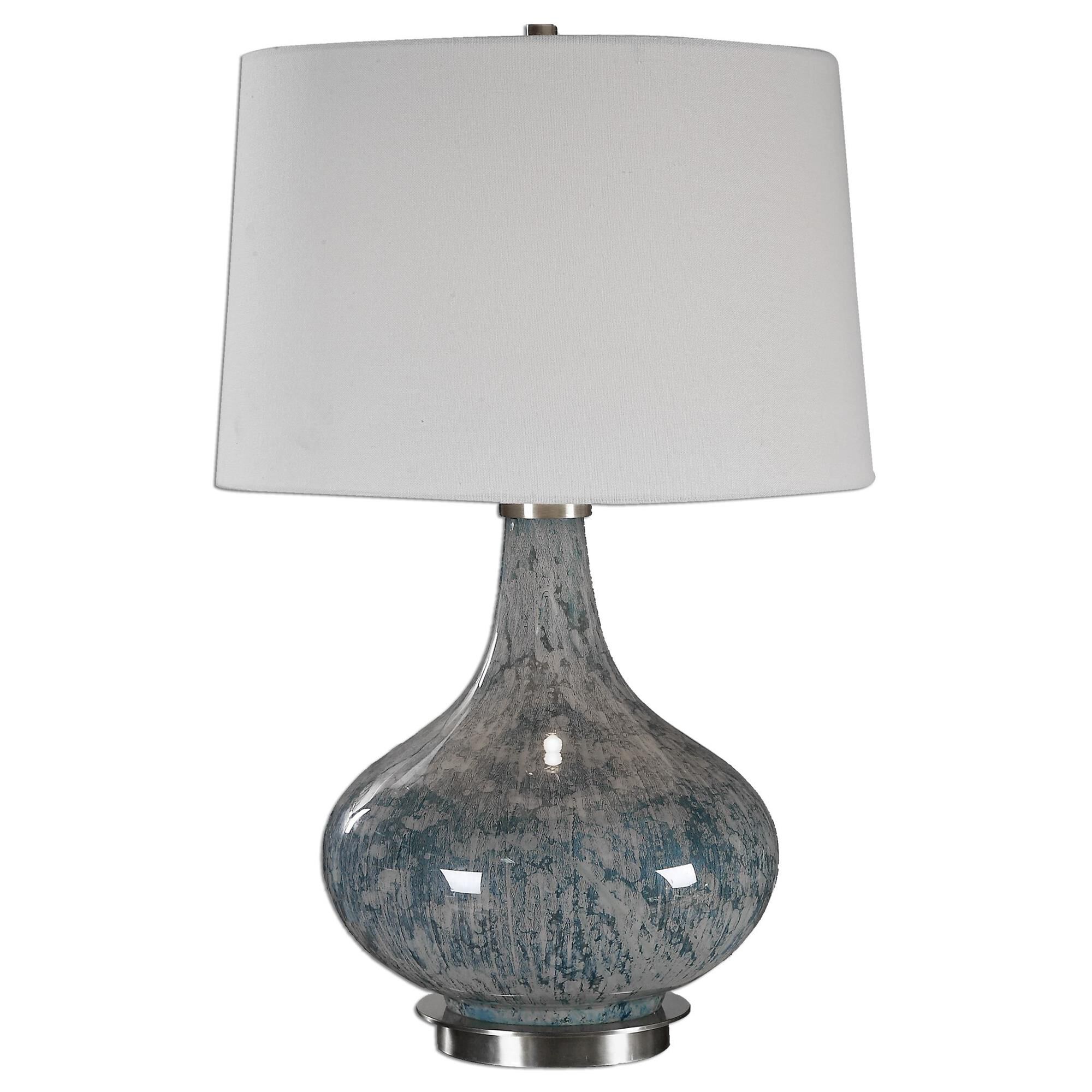 Shown in Plated Brushed Brass finish and Light Blue Gray glass and Ivory Linen shade