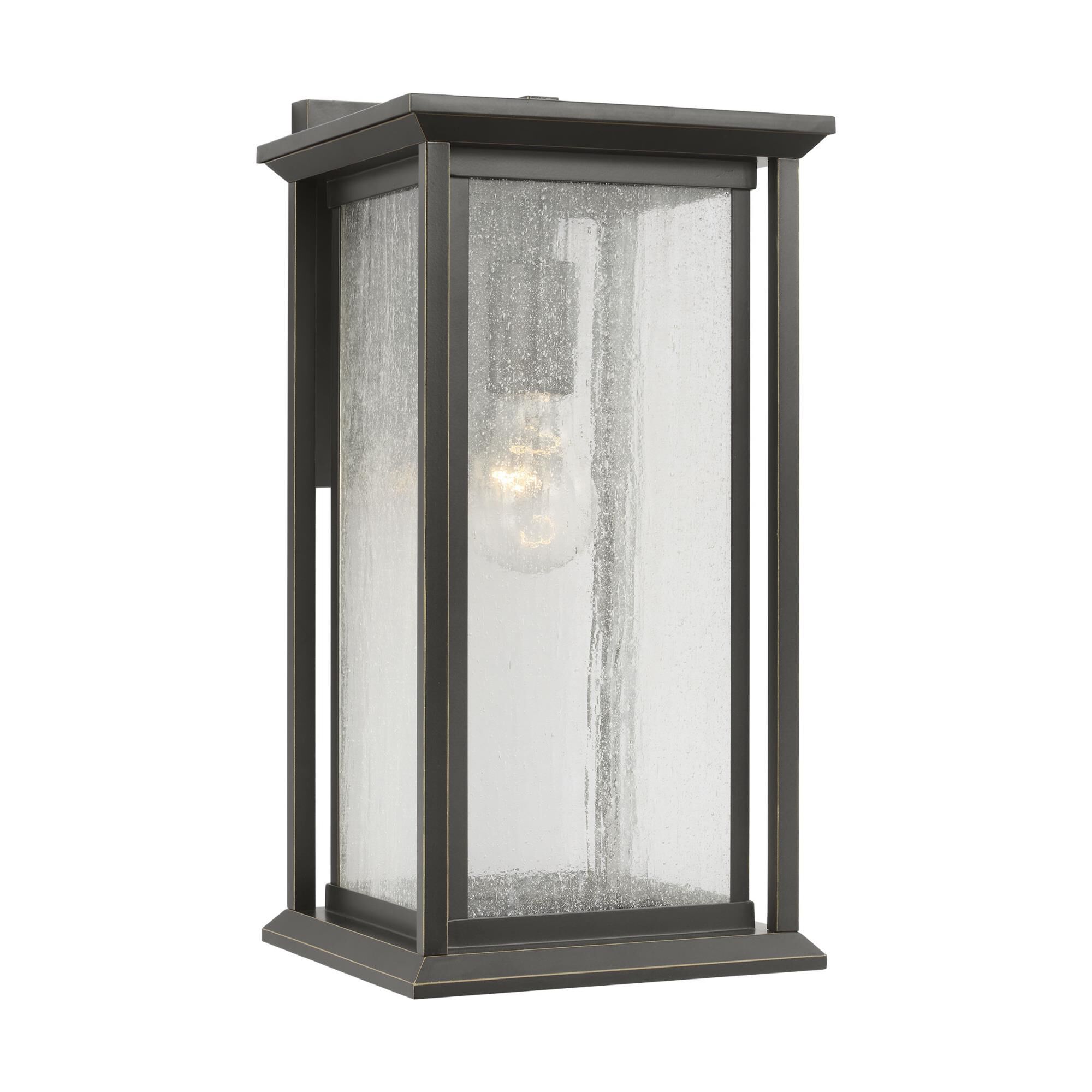Shown in Antique Bronze finish and Distressed Seeded Glass Panels shade