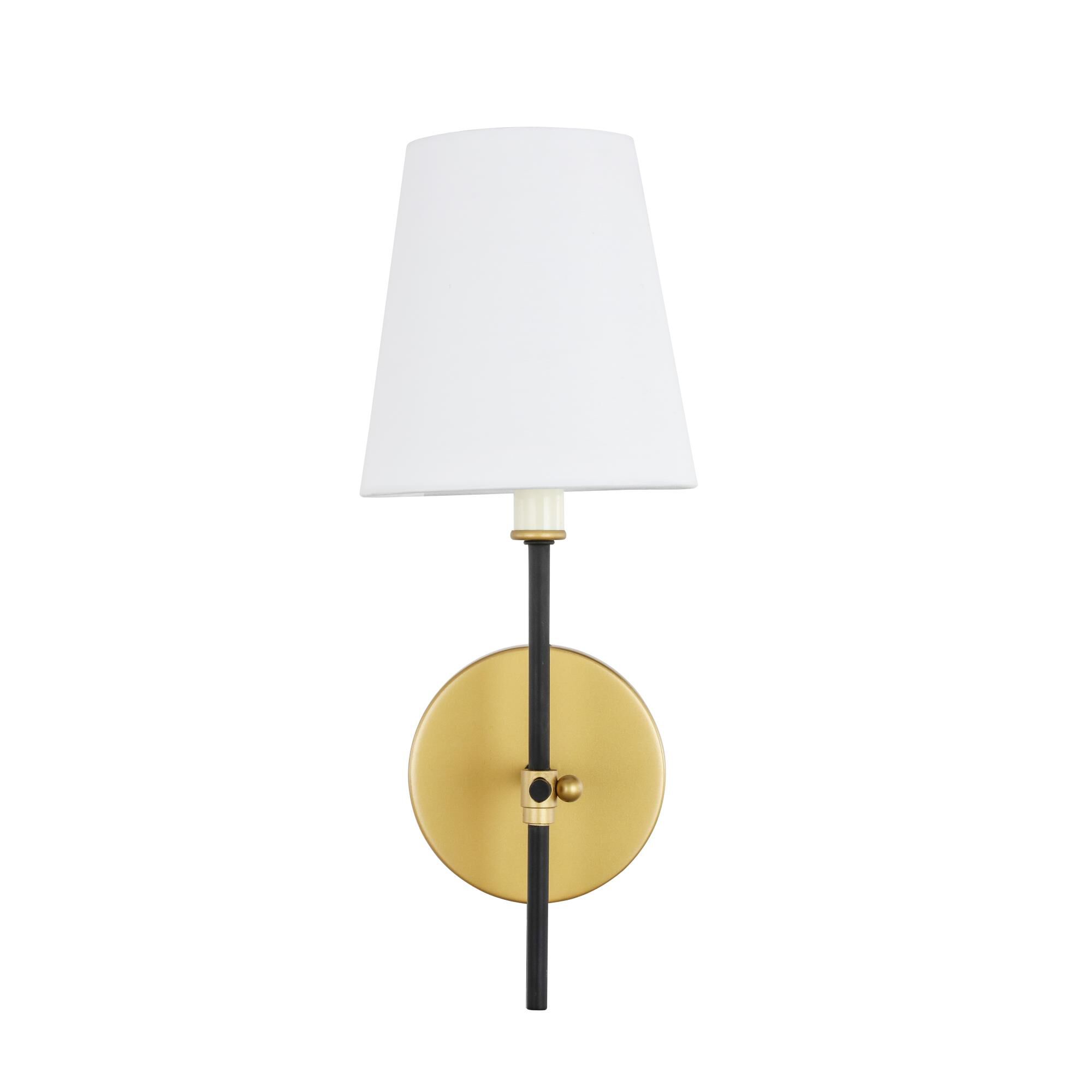 Shown in Brass And Black finish and White Fabric shade