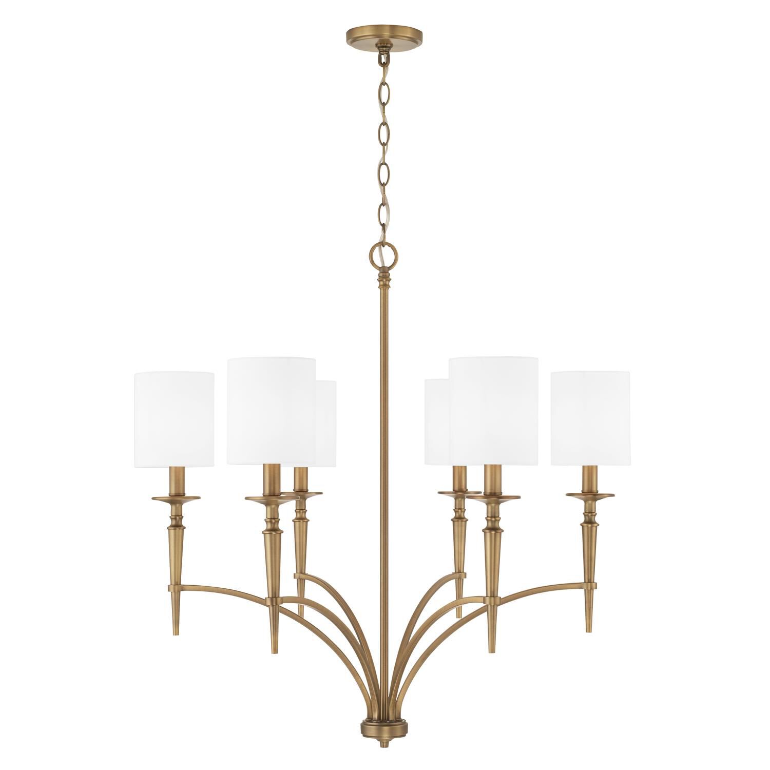 Shown in Aged Brass finish and 701 glass and White Fabric Stay-Straight s shade