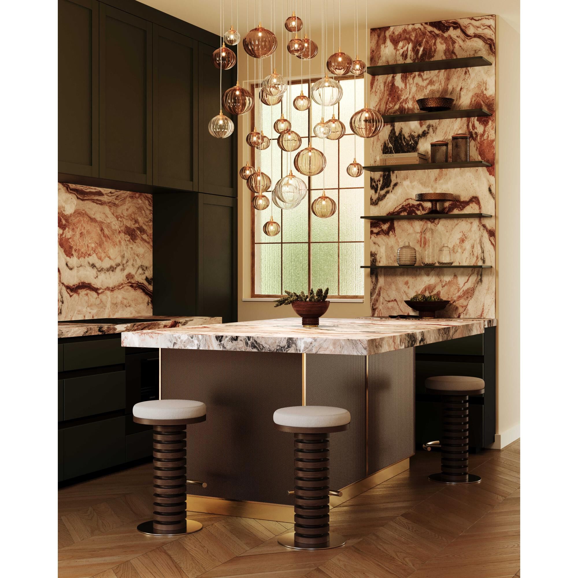 Shown in Vintage Gold Leaf finish and Piastre shade