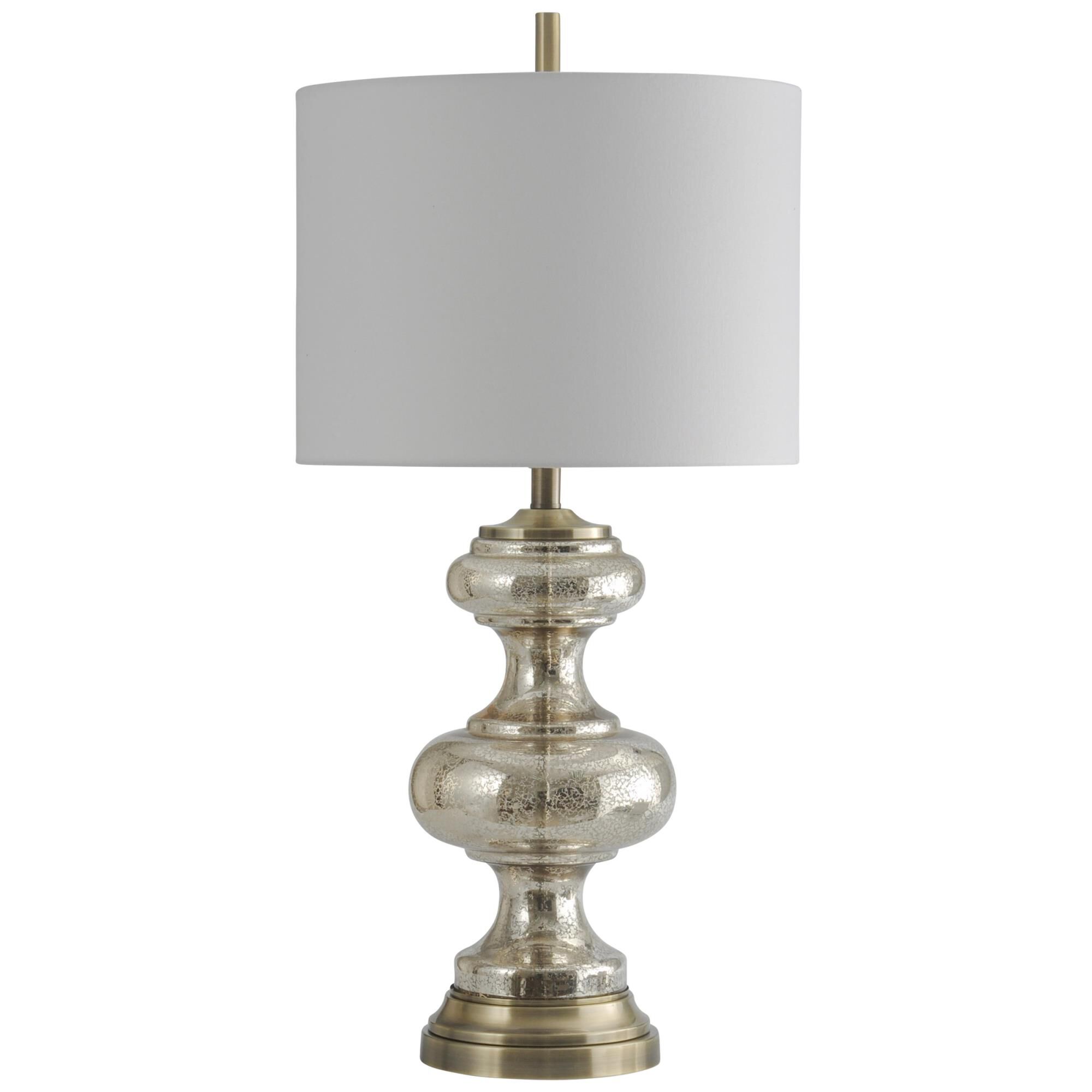 Shown in Mercury With Antique Brass finish and White Hardback Fabric shade