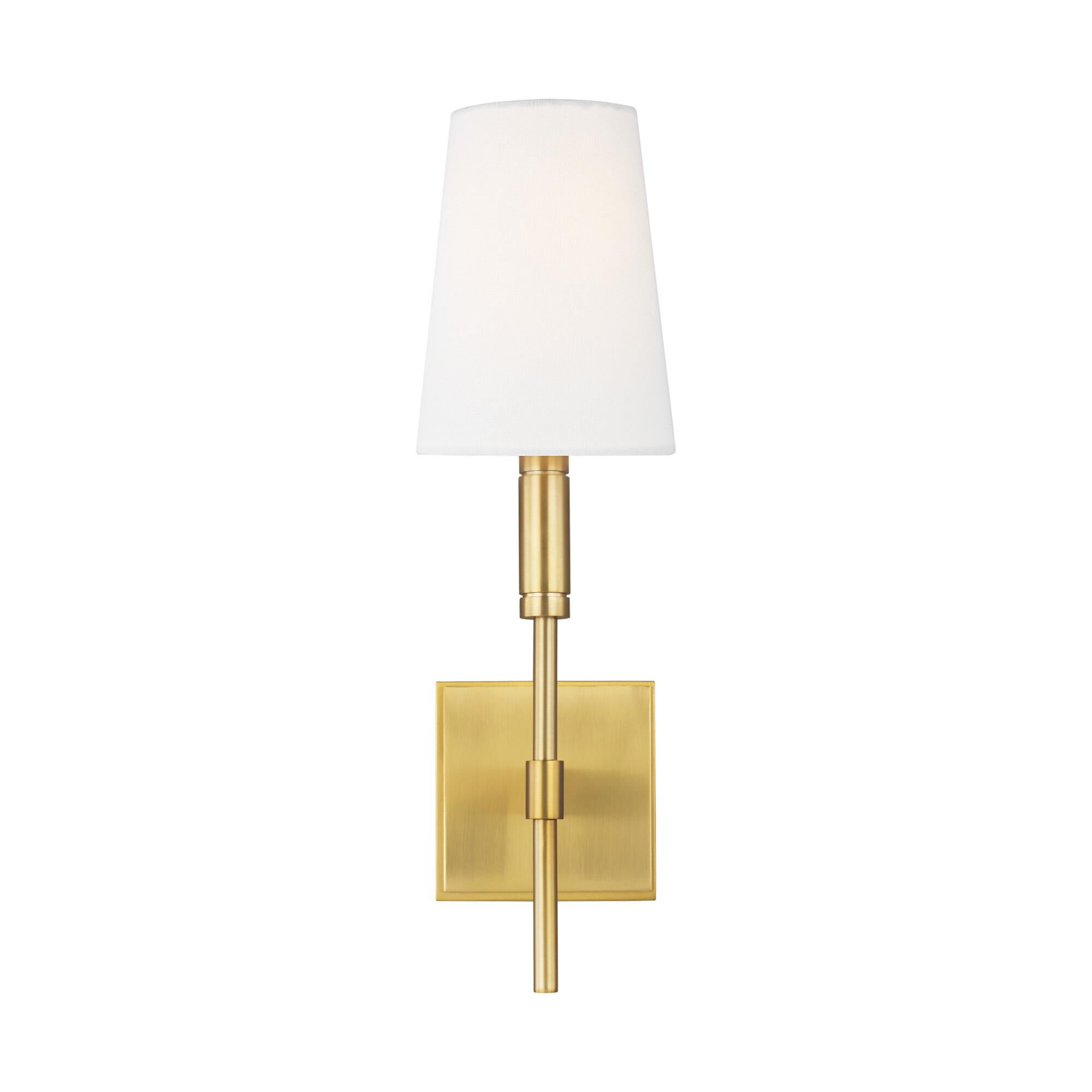 Shown in Burnished Brass finish and White Linen shade