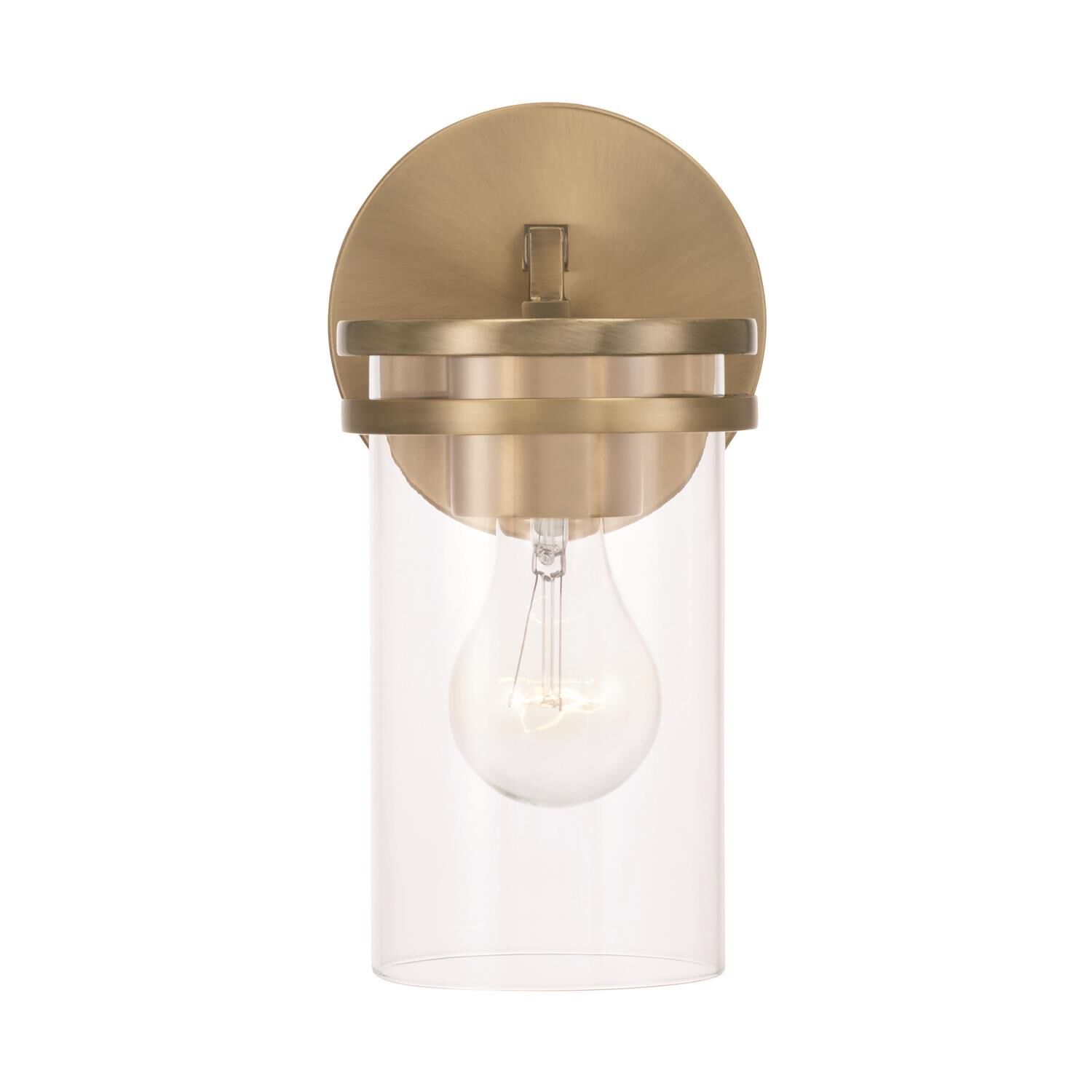 Shown in Aged Brass finish and Clear glass