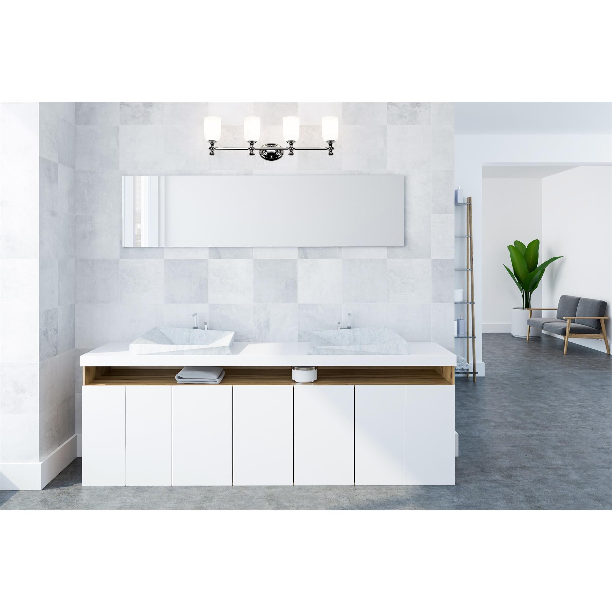 Shown in Chrome finish and Opal Etched glass and Opal Etched shade
