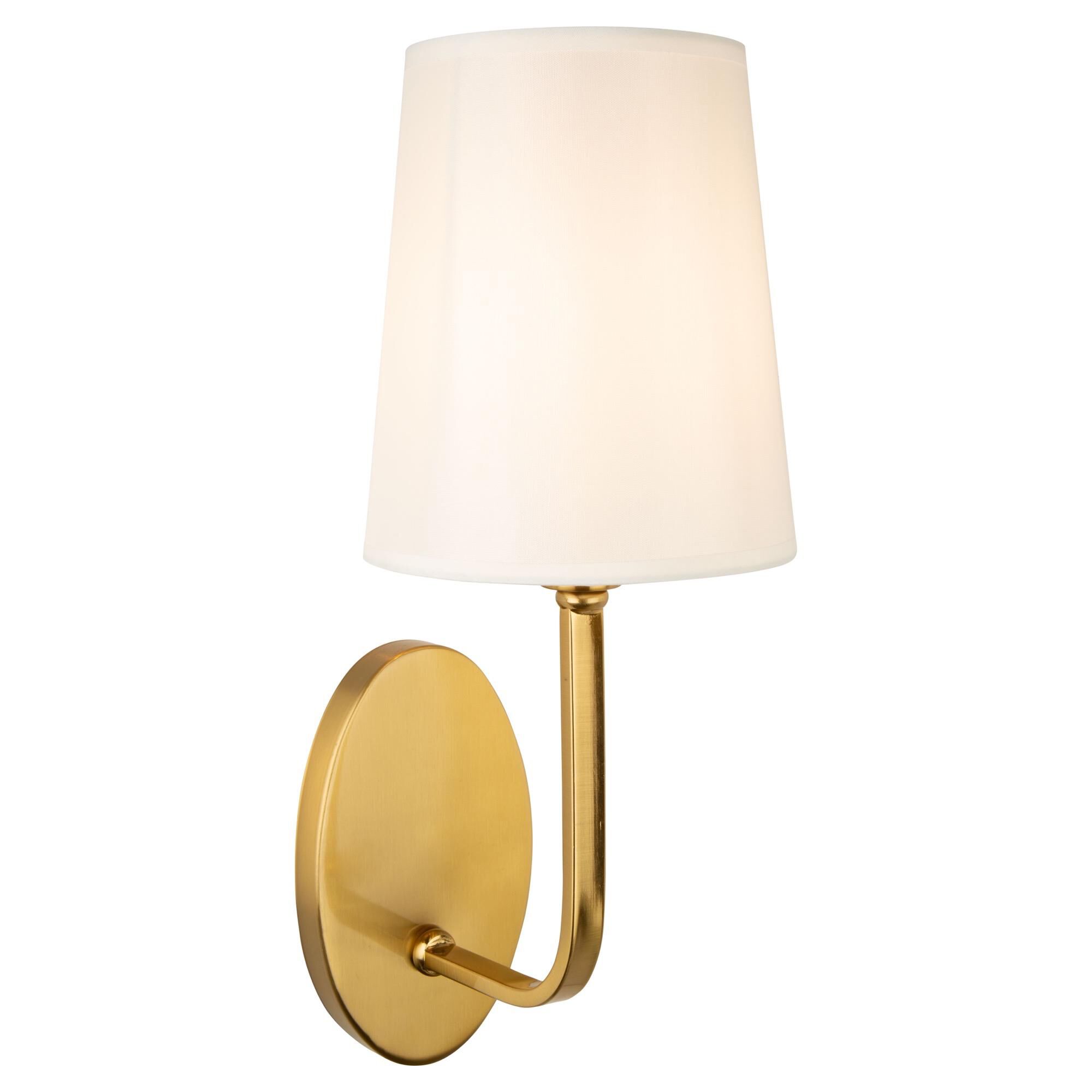 Shown in Brushed Gold finish and White Linen shade