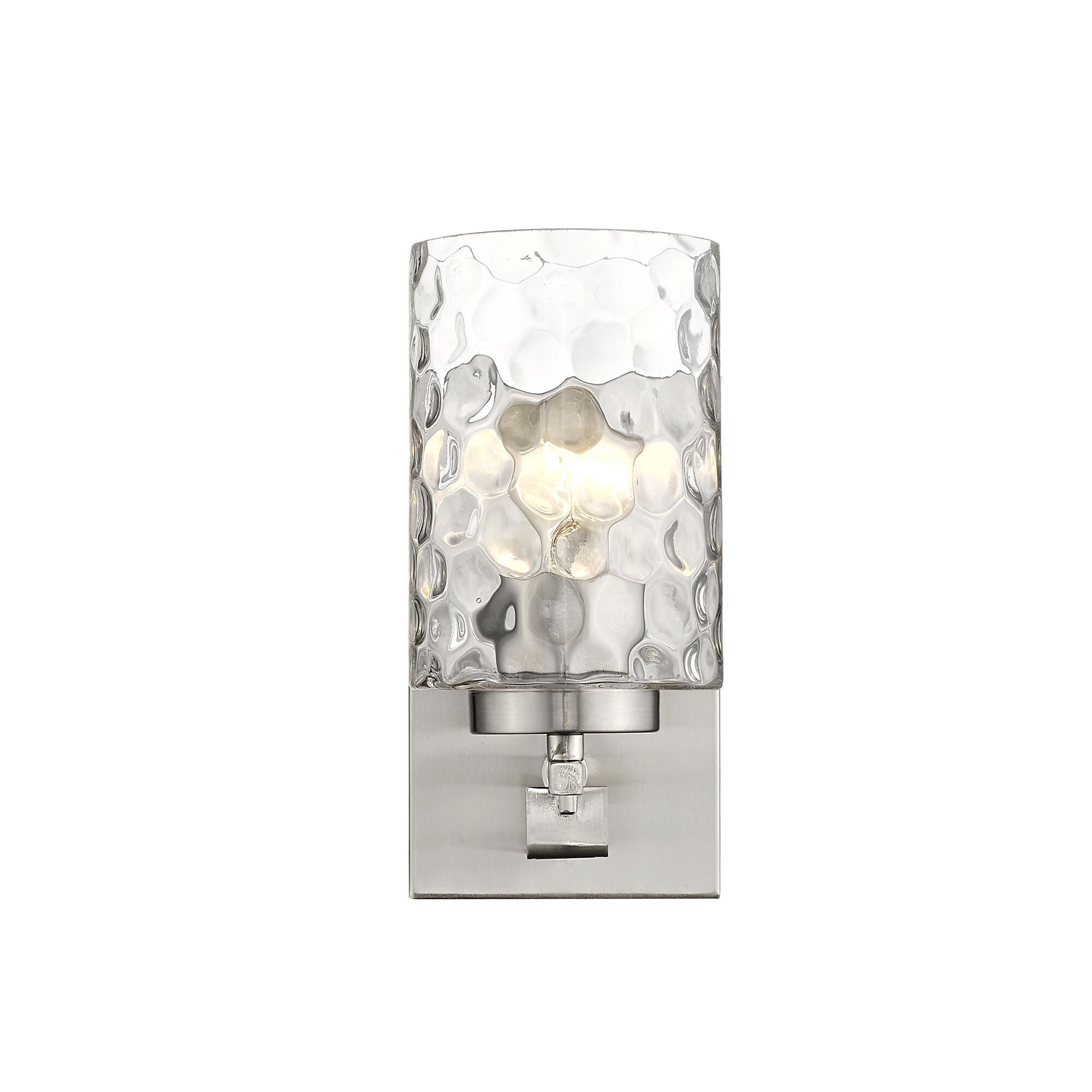 Shown in Satin Nickel finish and Clear glass and Clear, Optic Cylindrical Glass shade
