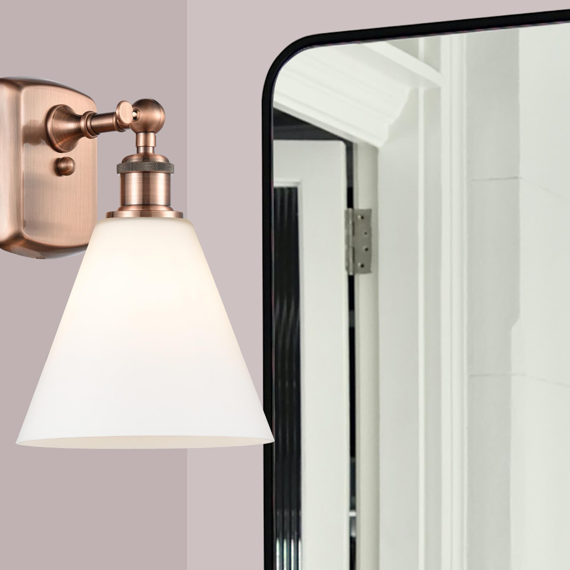 Shown in Antique Copper finish and Cased Matte White Ballston Cone glass and No Shade shade