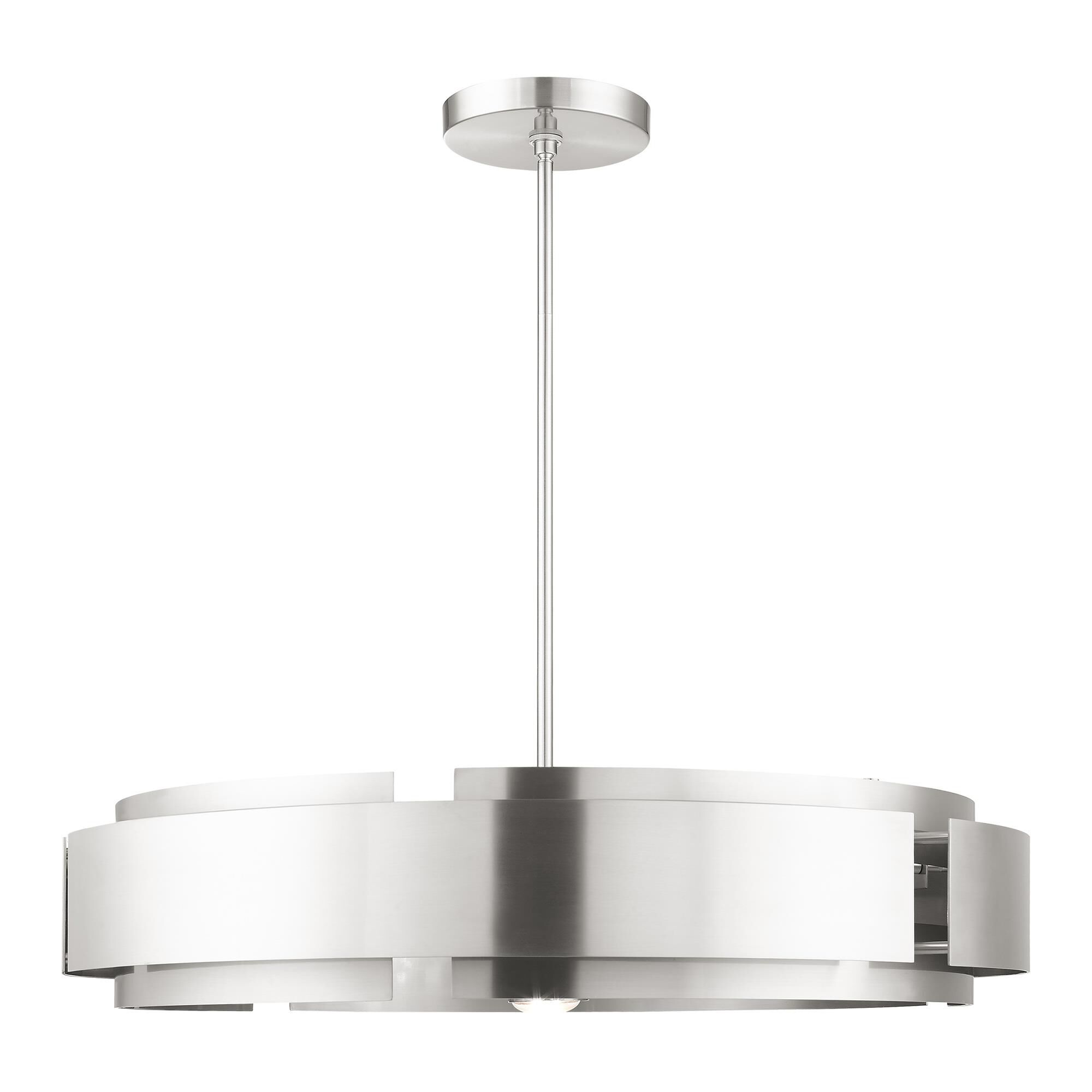 Shown in Brushed Nickel finish and Brushed Nickel Drum Shade glass and Brushed Nickel Drum shade