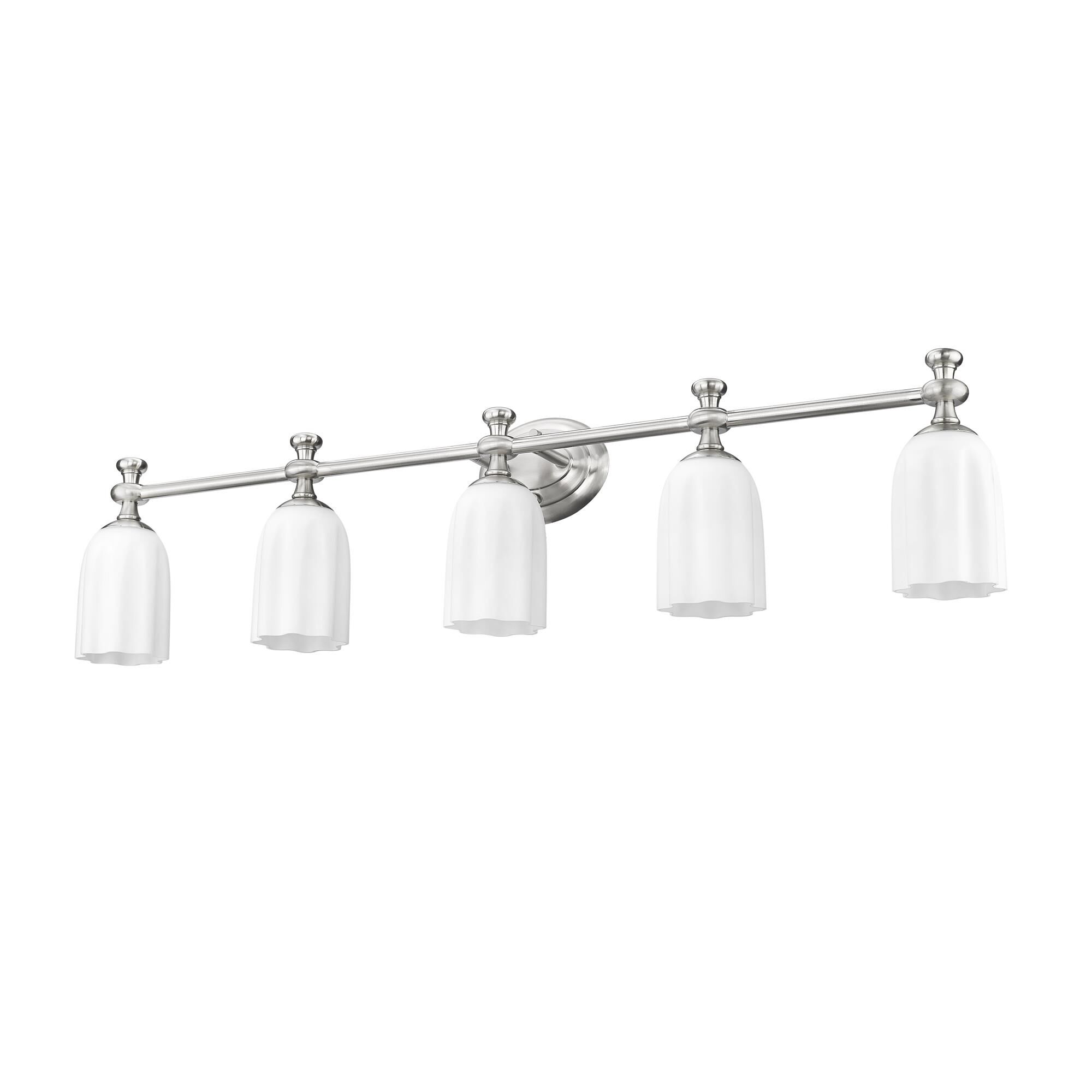 Shown in Brushed Nickel finish and Opal Etched glass and Opal Etched shade