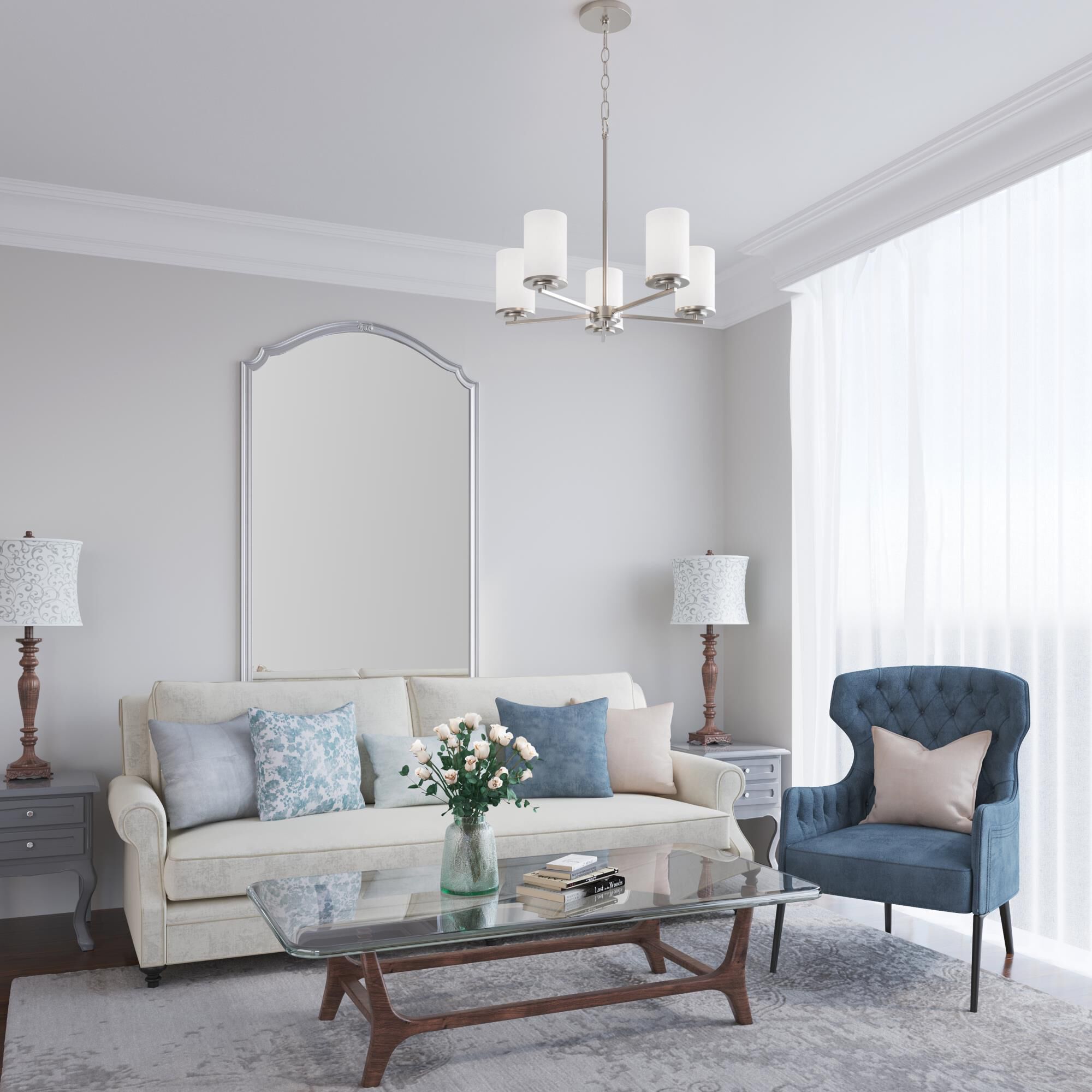 Shown in Brushed Nickel finish and Etched White glass