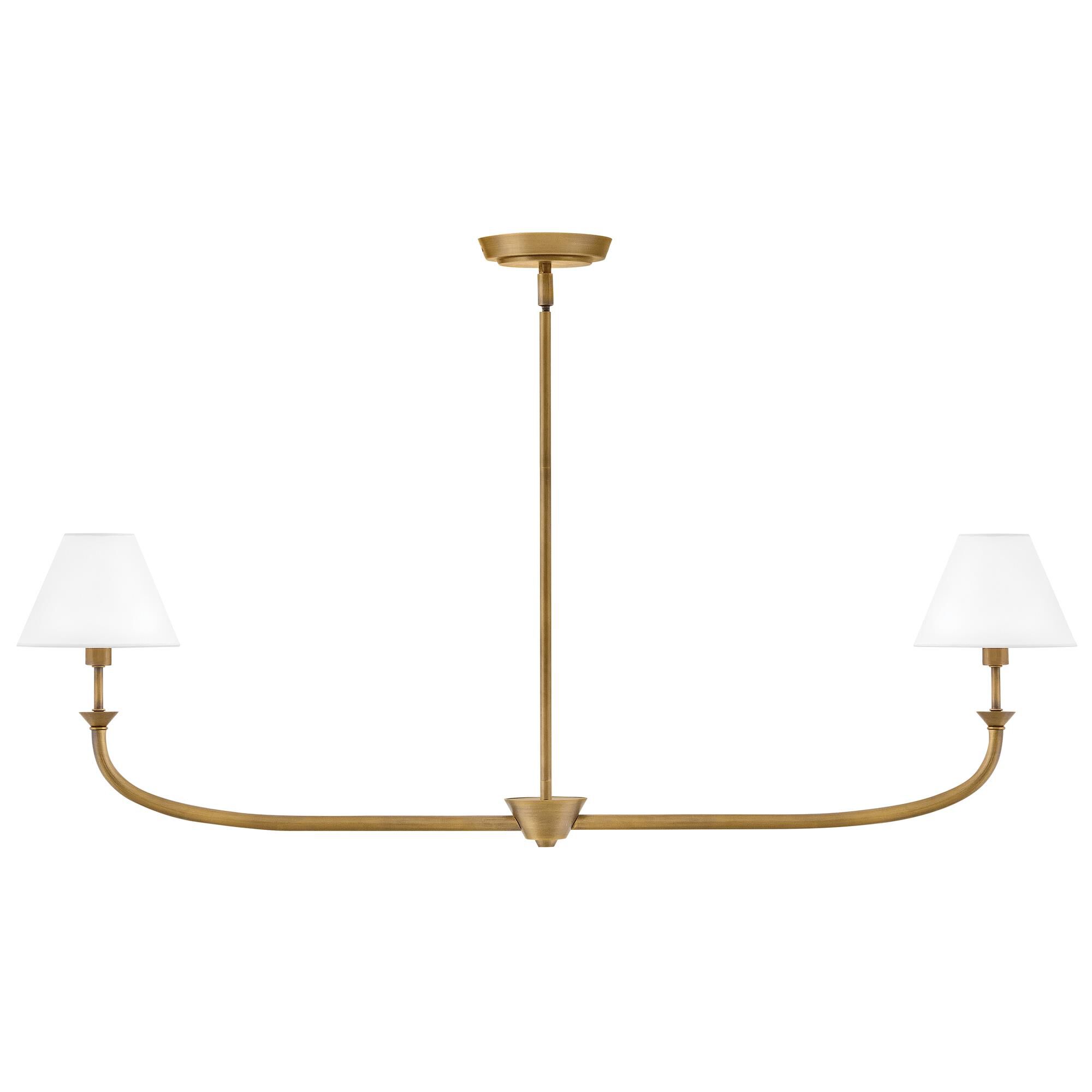 Shown in Heritage Brass finish and Off-White Linen shade