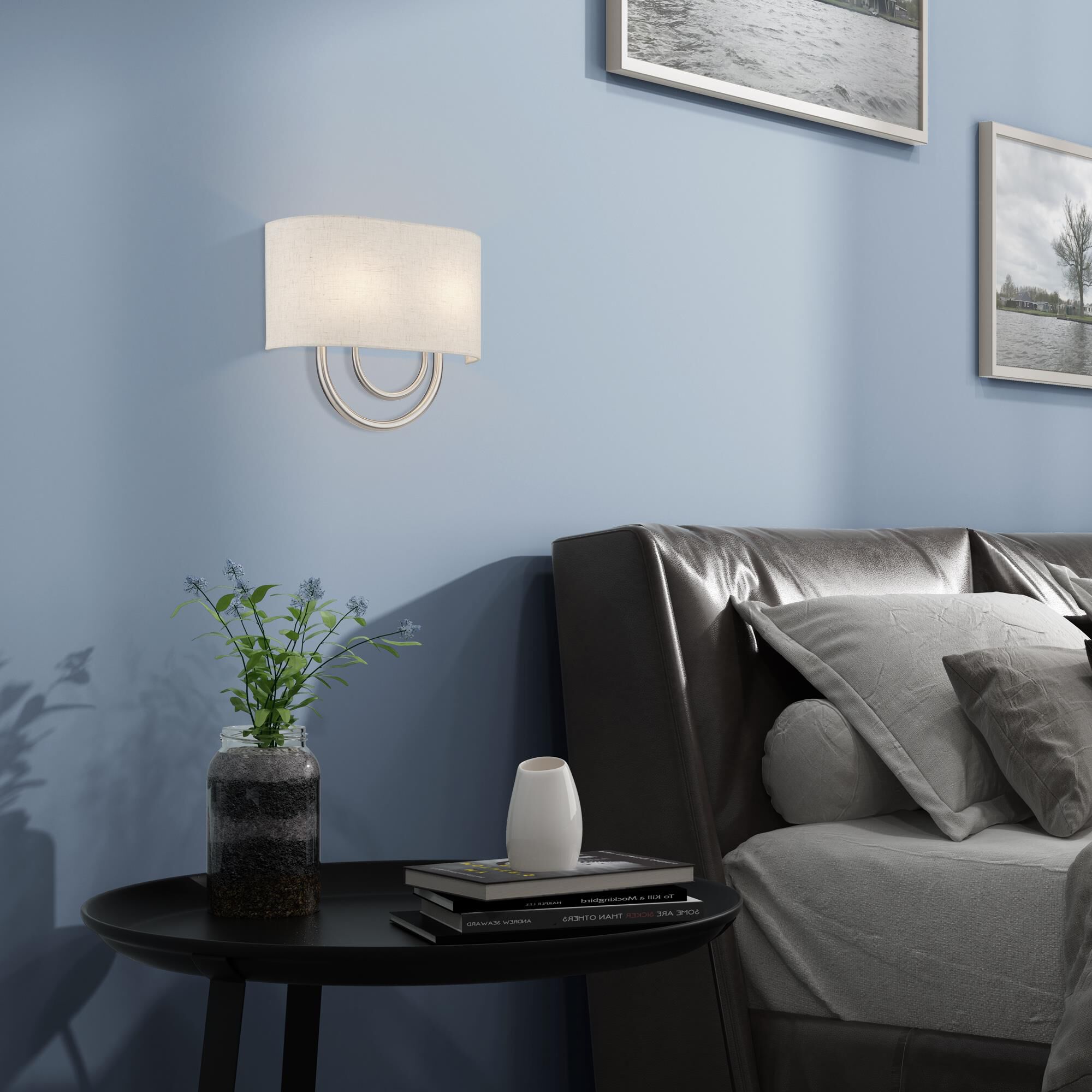 Shown in Brushed Nickel finish and Hand Crafted Oatmeal Color Fabric Hardback with White Fabric Inside shade