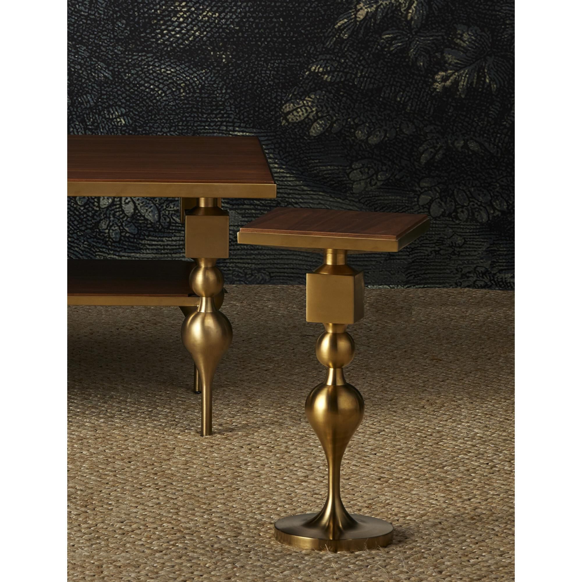 Shown in Brushed Brass, Walnut finish
