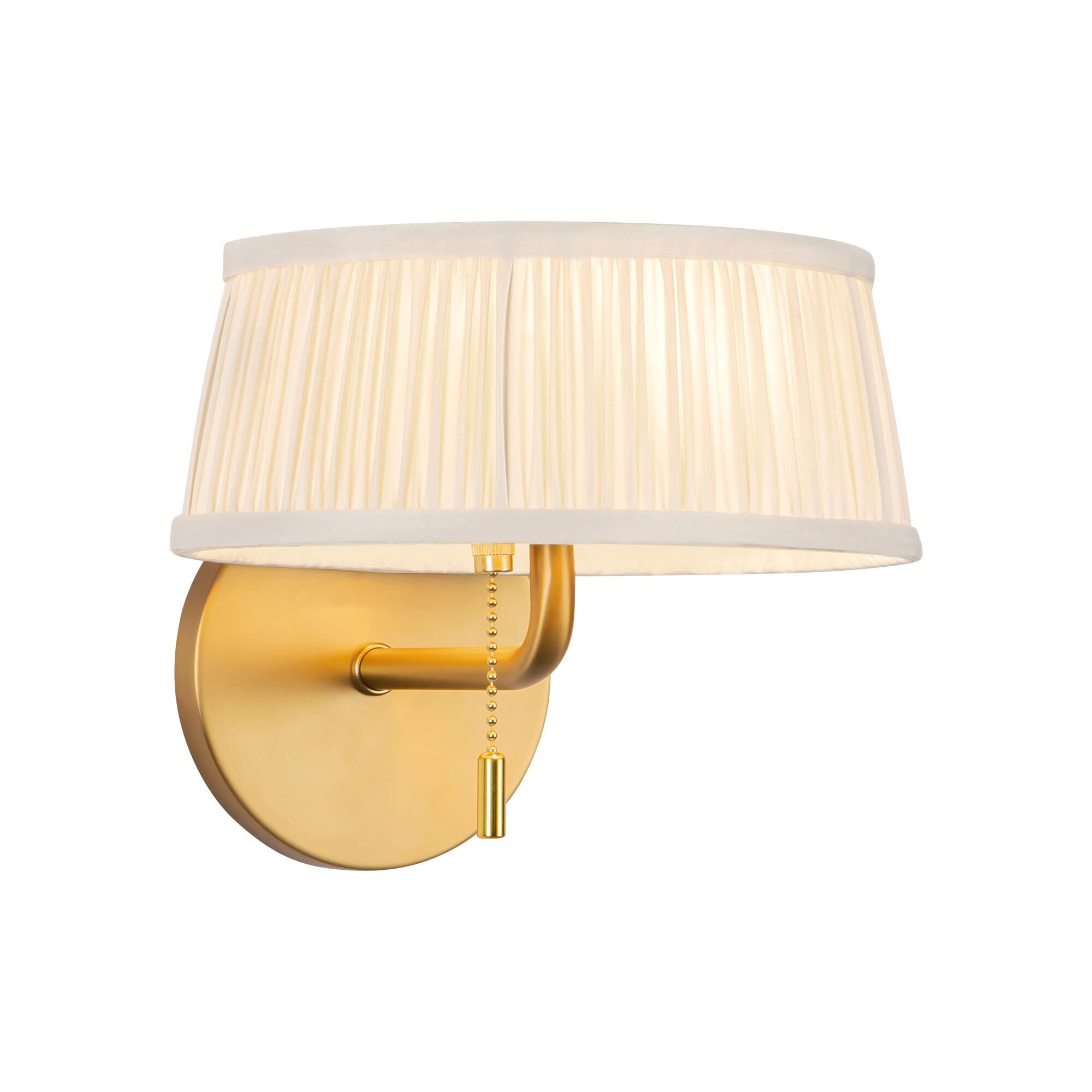 Shown in Brushed Gold finish and White Linen shade