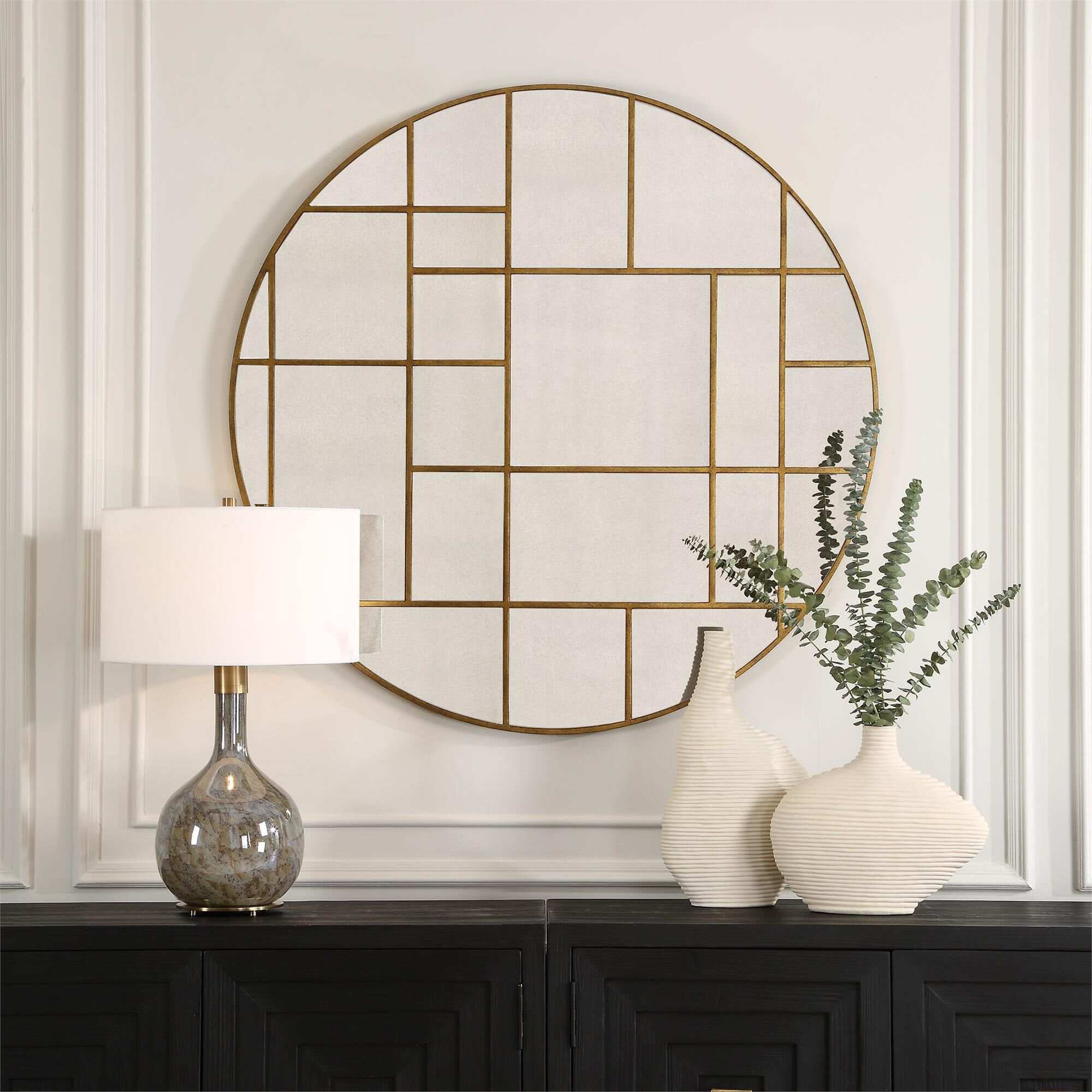 Shown in This Round Mirror Is Adorned With A Geometric Grid Pattern Encasing Individual Mirror Inlays, Finish finish